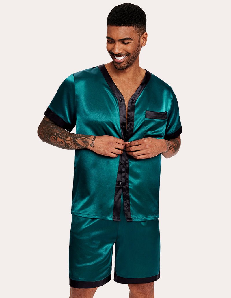 Men's satin button-down pajama set with short sleeves and matching shorts, green.