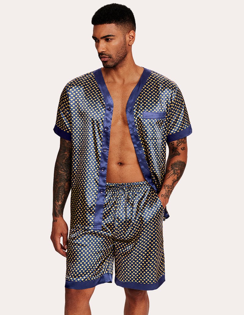 Men's satin button-down pajama set with short sleeves and matching shorts, blue.