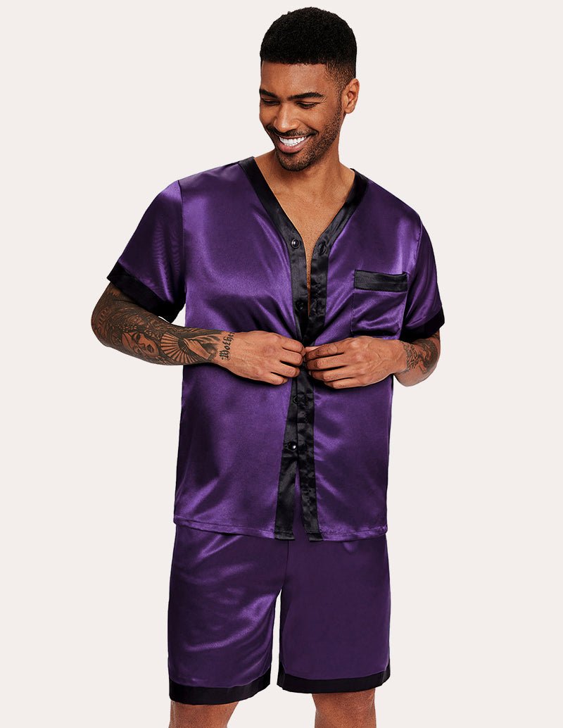 Men's satin button-down pajama set with short sleeves and matching shorts, purple.