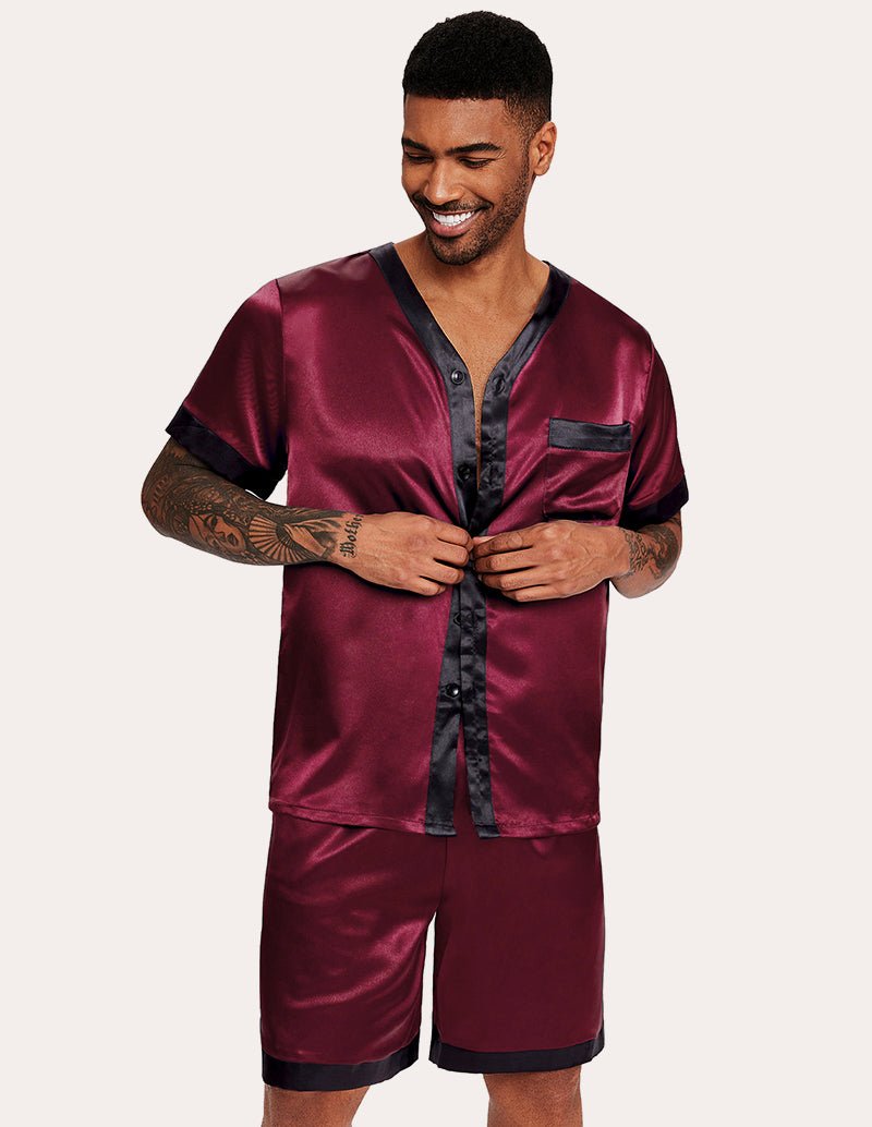 Men's satin button-down pajama set with short-sleeve shirt and matching shorts, red.