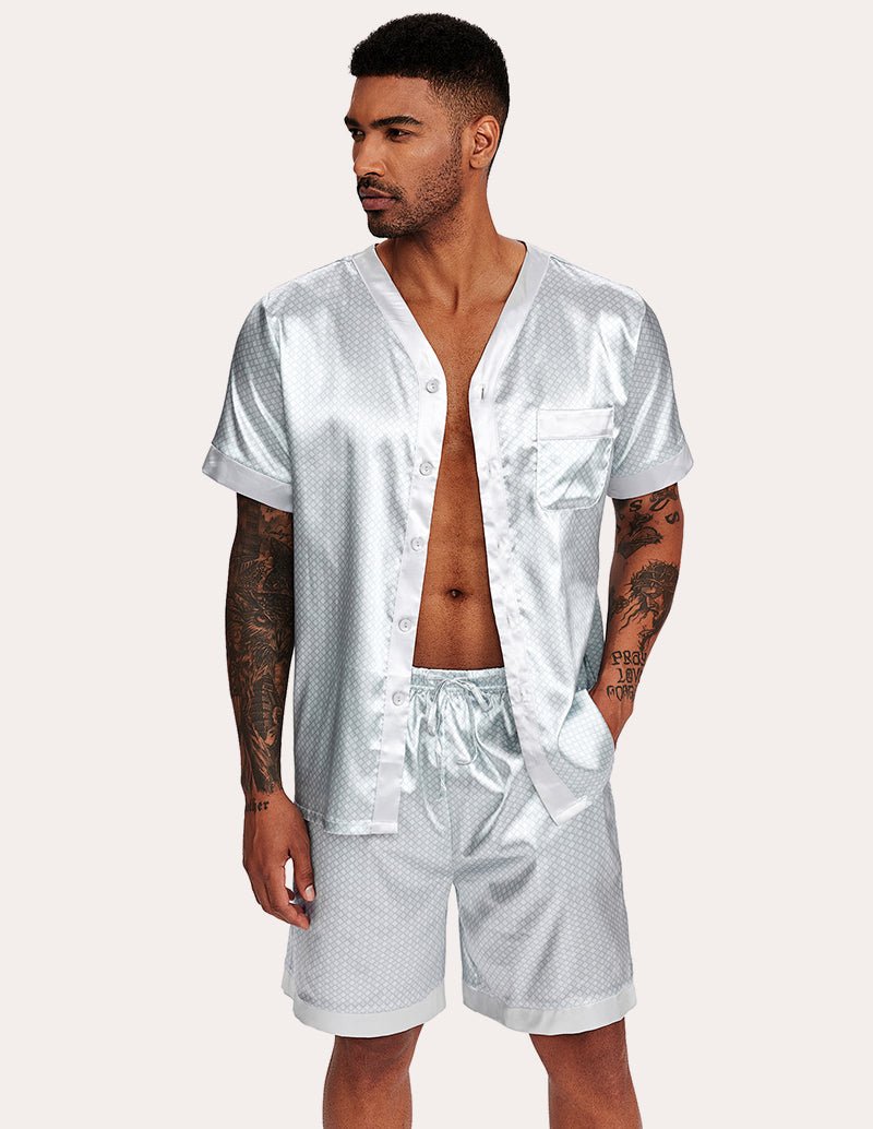Men's satin button-down pajama set with short-sleeve shirt and matching shorts, white.