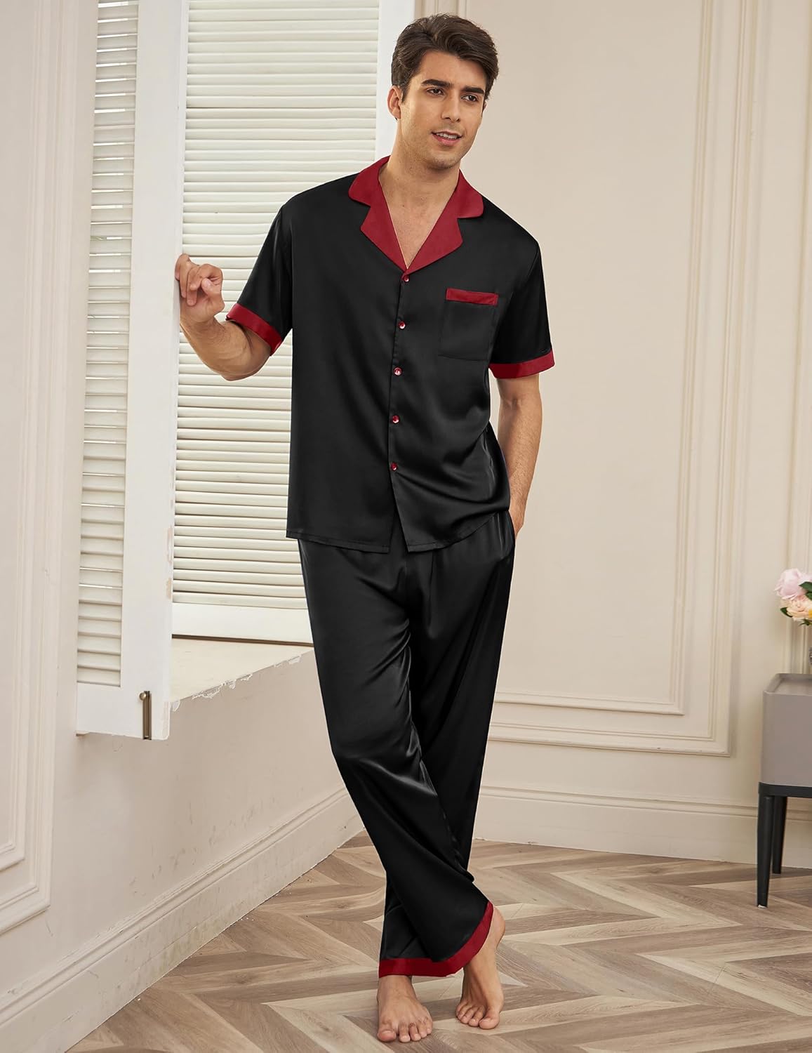 Men’s satin silk pajama set, black with red collar and piping, button-up top and pants