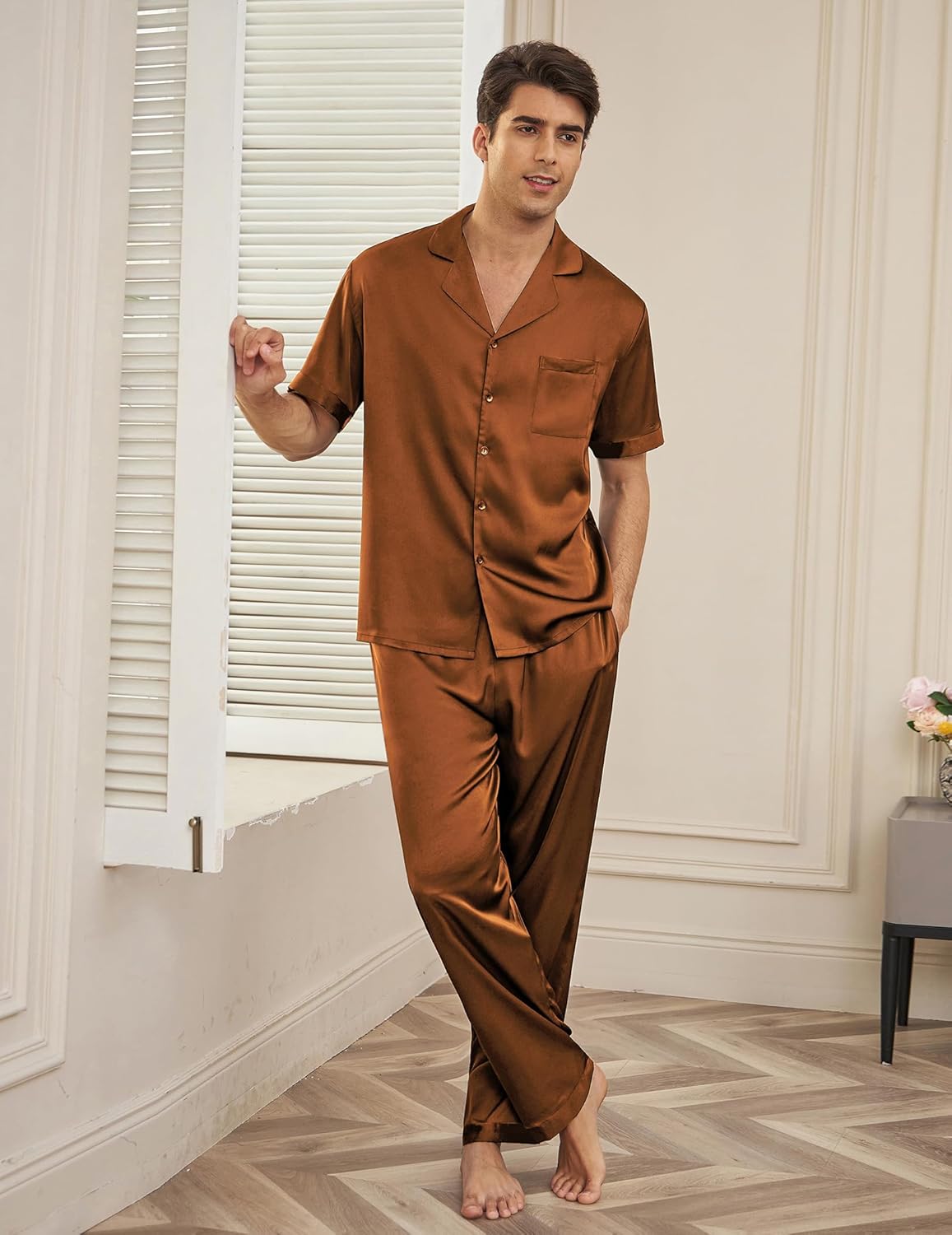 Men’s satin silk pajama set, brown short-sleeve button-up with matching long trousers