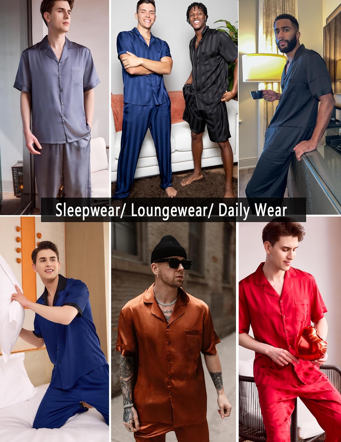 Men’s satin silk pajama sets in multiple colors, short-sleeve tops and long pants