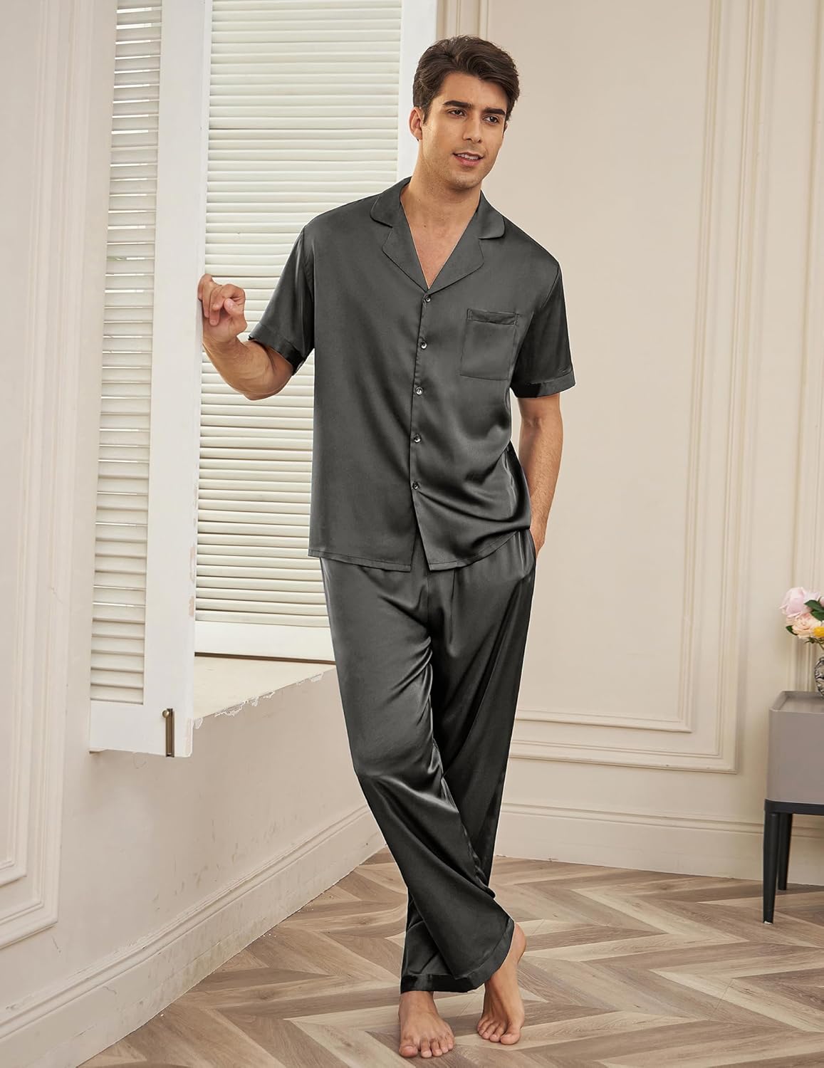 Men’s satin silk pajama set, dark gray short-sleeve button-up with chest pocket and pants