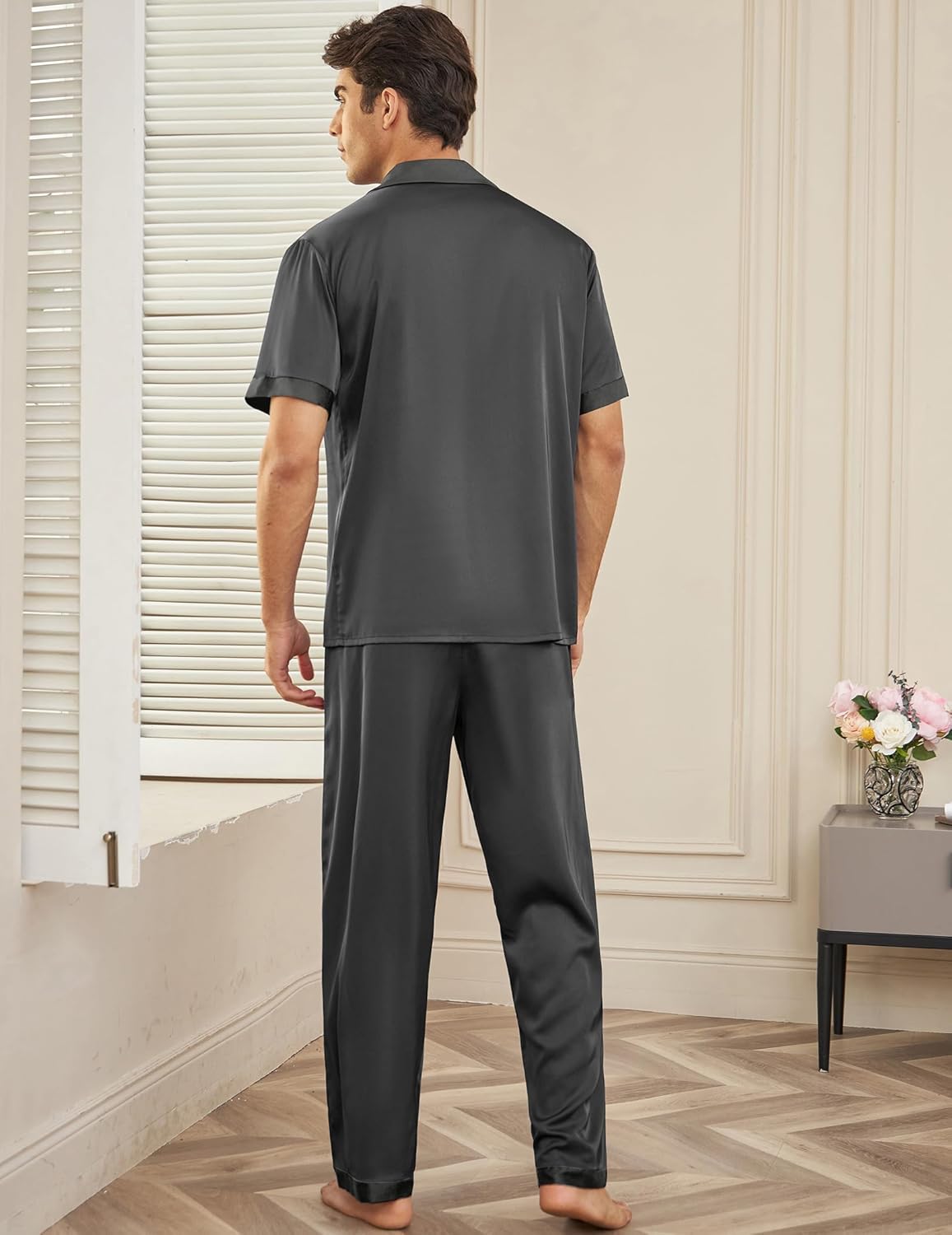 Men’s satin silk pajama set, dark gray back view with matching long trousers