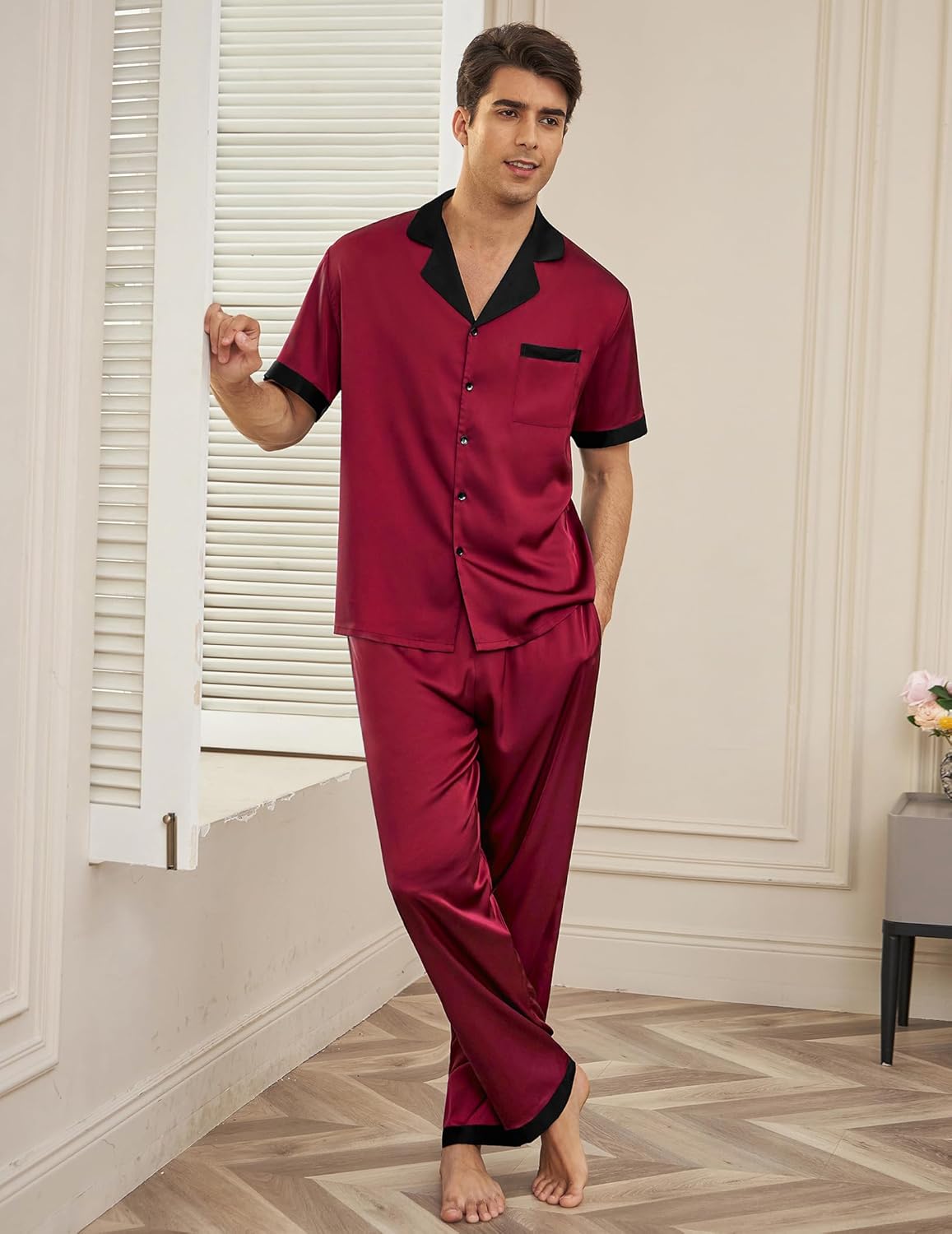 Men’s satin silk pajama set, deep red with black collar trim and long pants