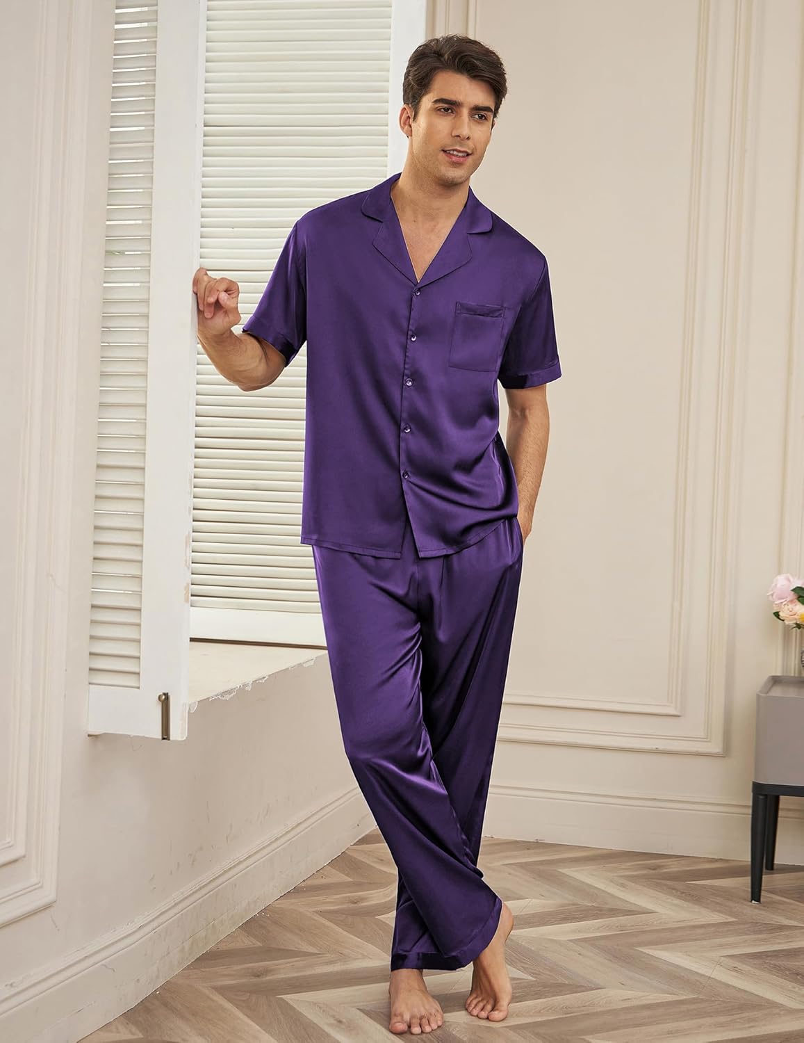 Men satin silk pajama set, purple: short-sleeve button shirt and long pants