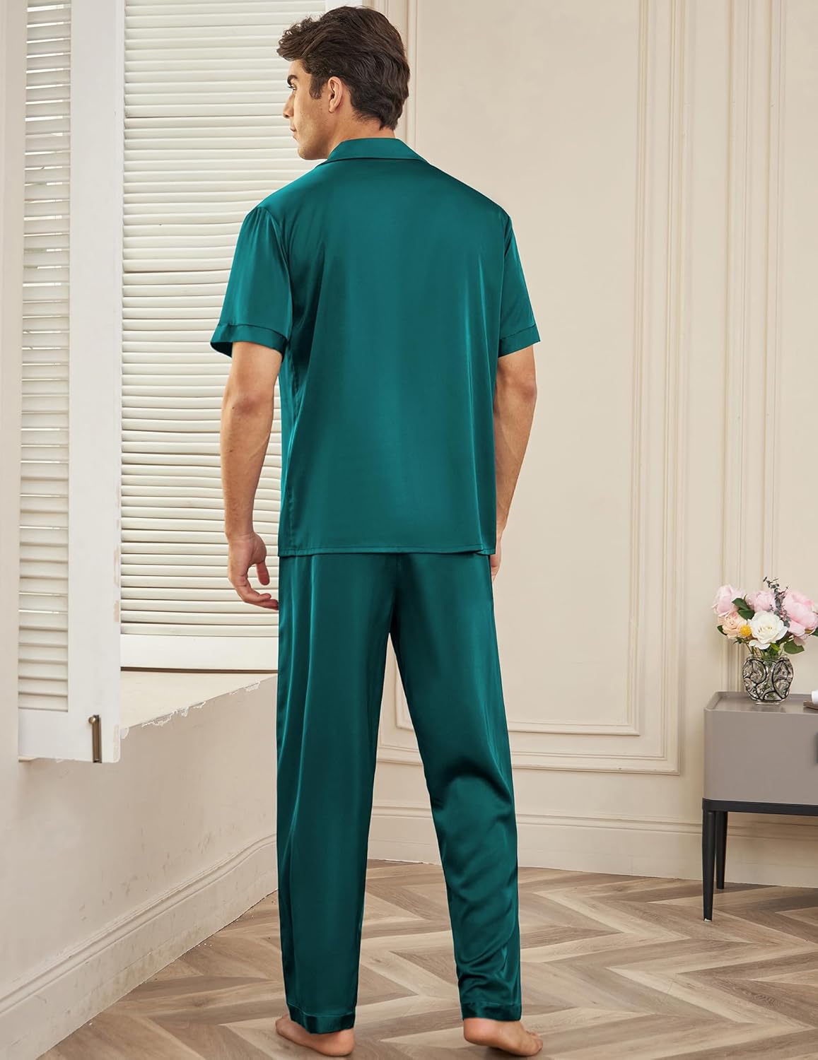 Men’s satin silk pajama set, green short-sleeve shirt and matching pants (back view)