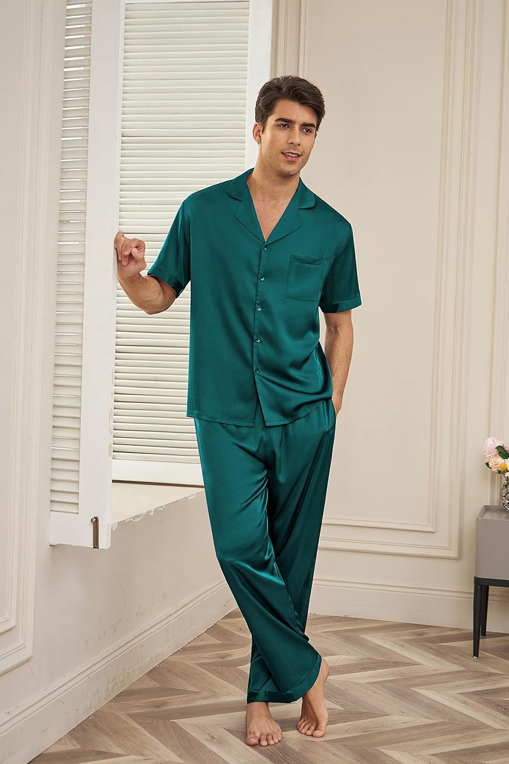 Men satin silk pajama set, green: short-sleeve button shirt and long pants