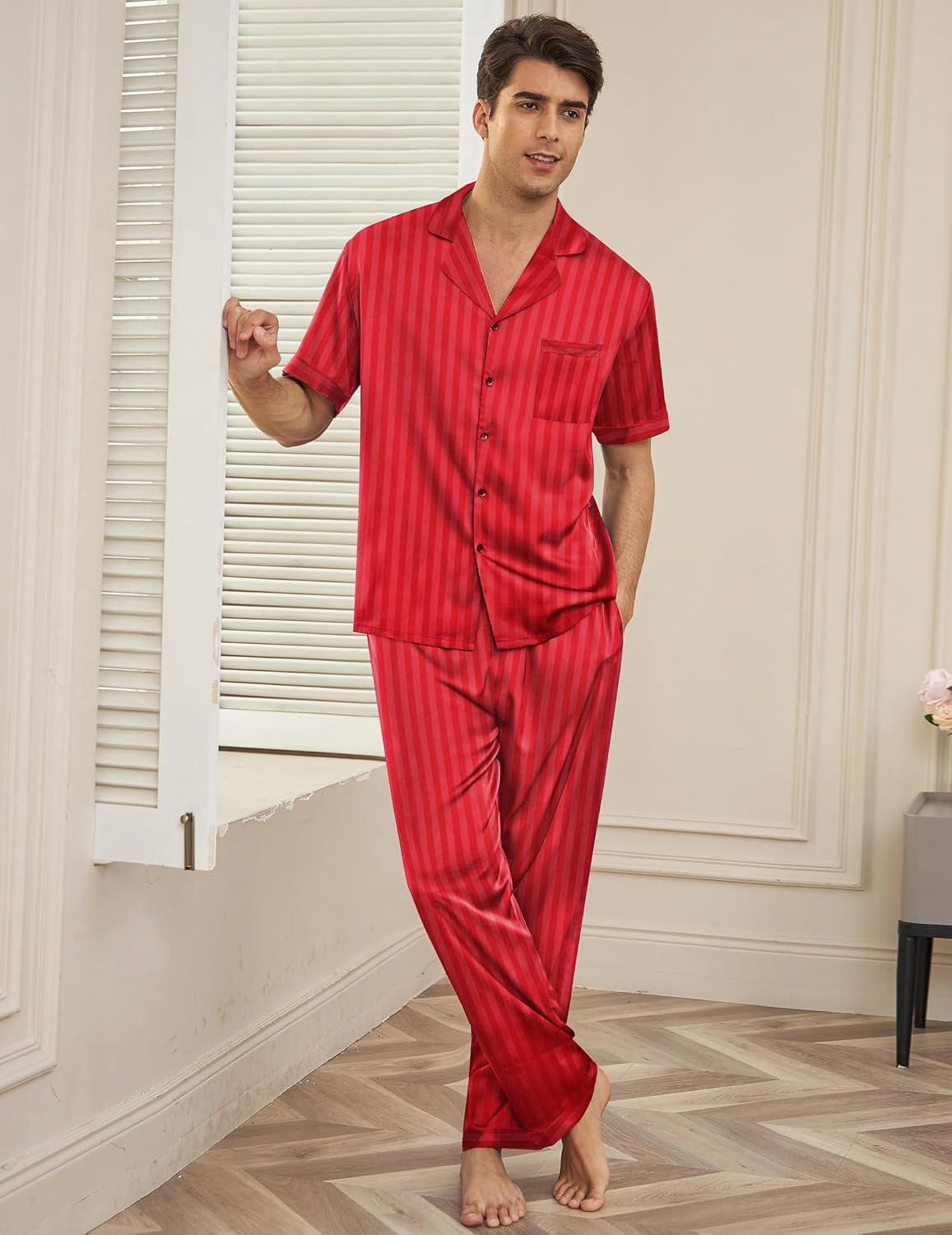 Red striped satin silk pajama set, short-sleeve button shirt and long pants