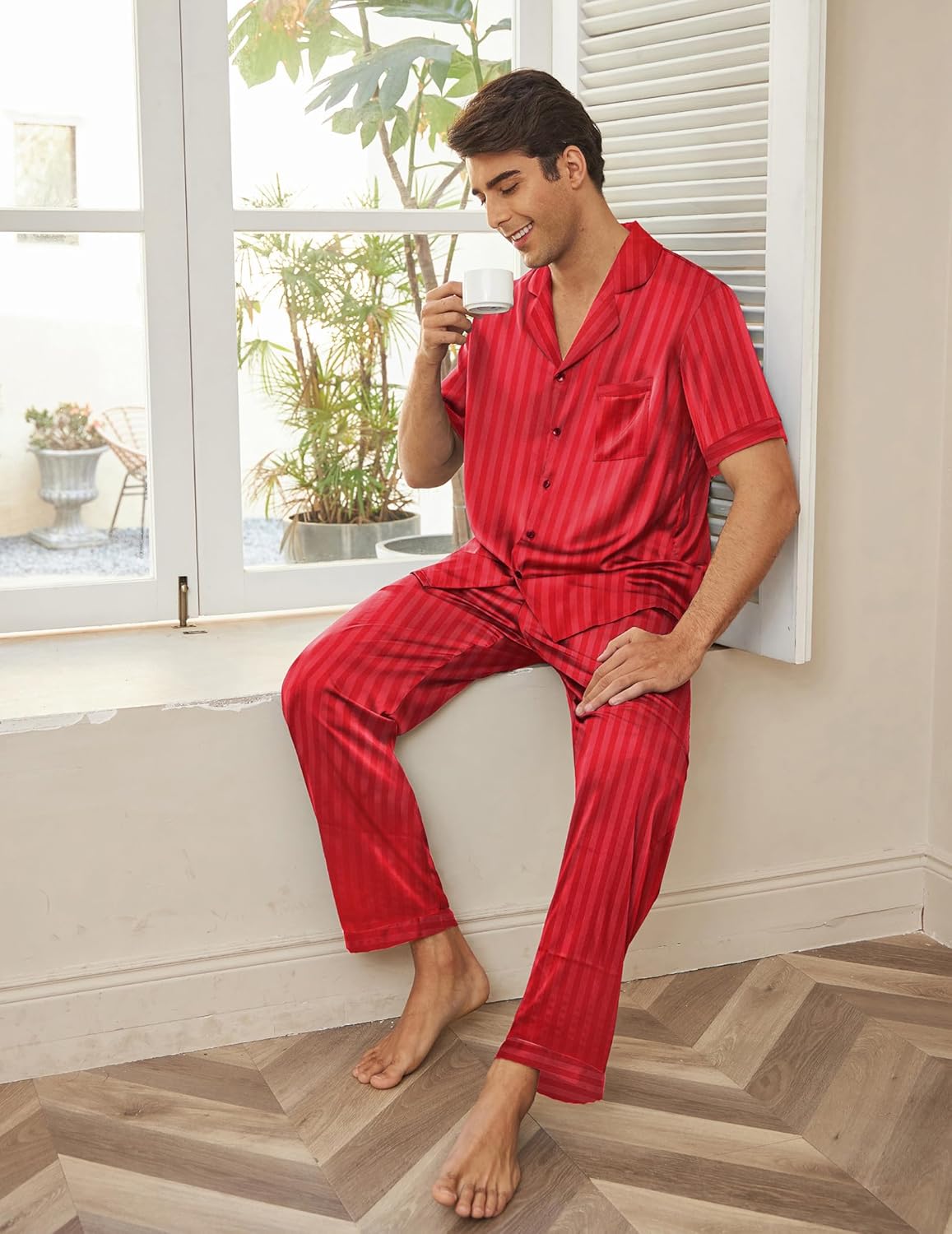 Red striped satin silk pajama set with short-sleeve button shirt and long pants, front