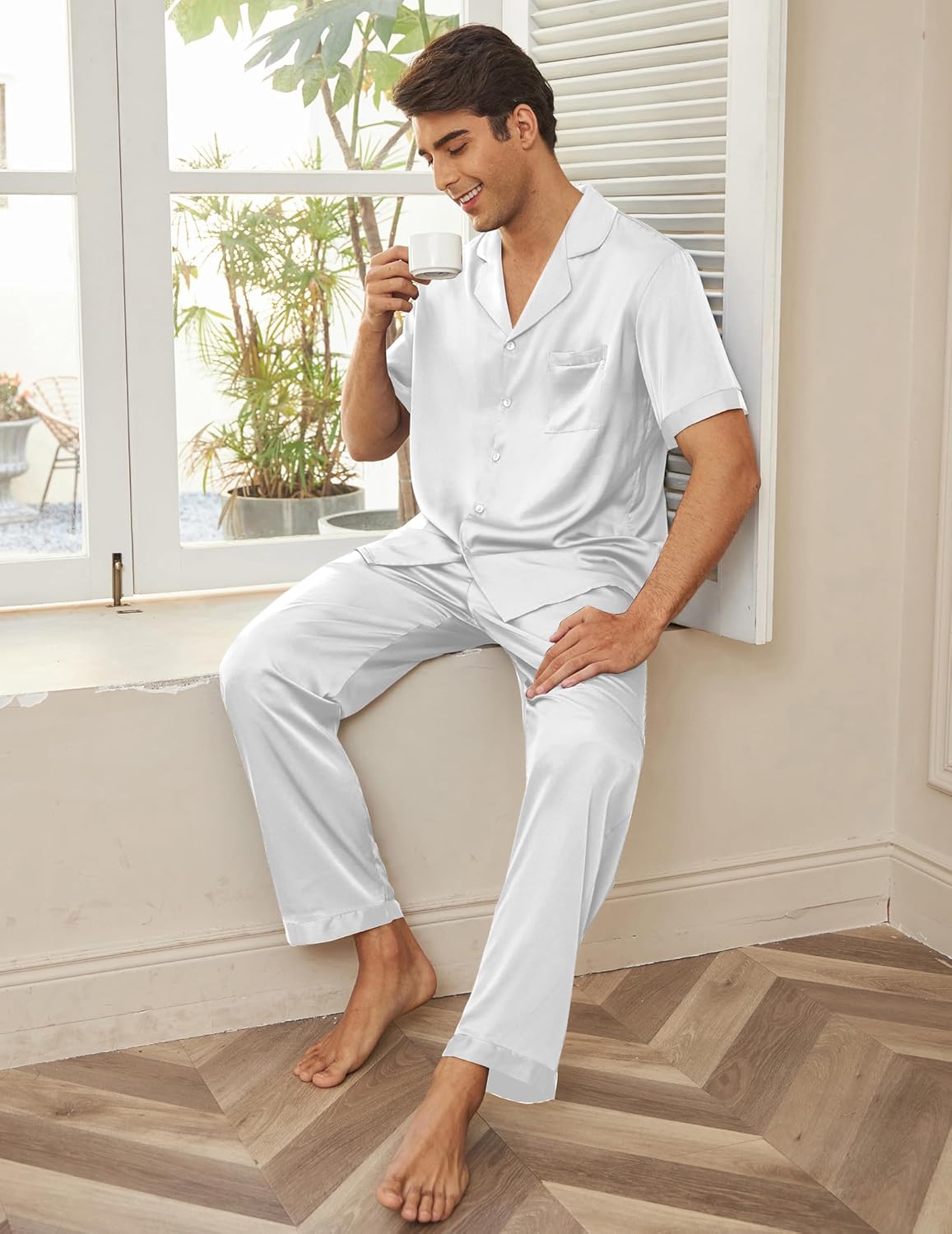 Men satin silk pajama set, white: short-sleeve button shirt and long pants