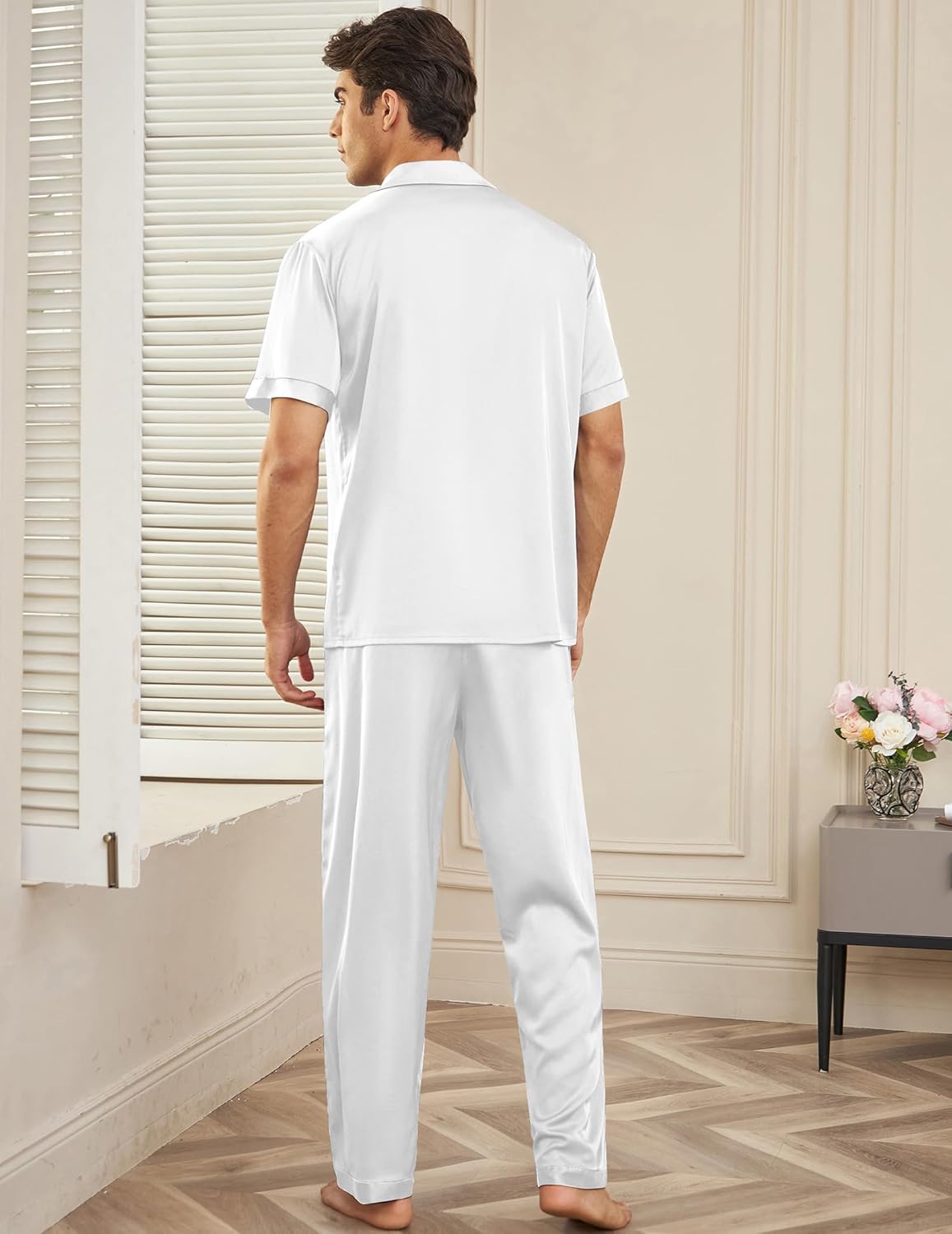 Men satin silk pajama set, white: back view of short-sleeve shirt and long pants