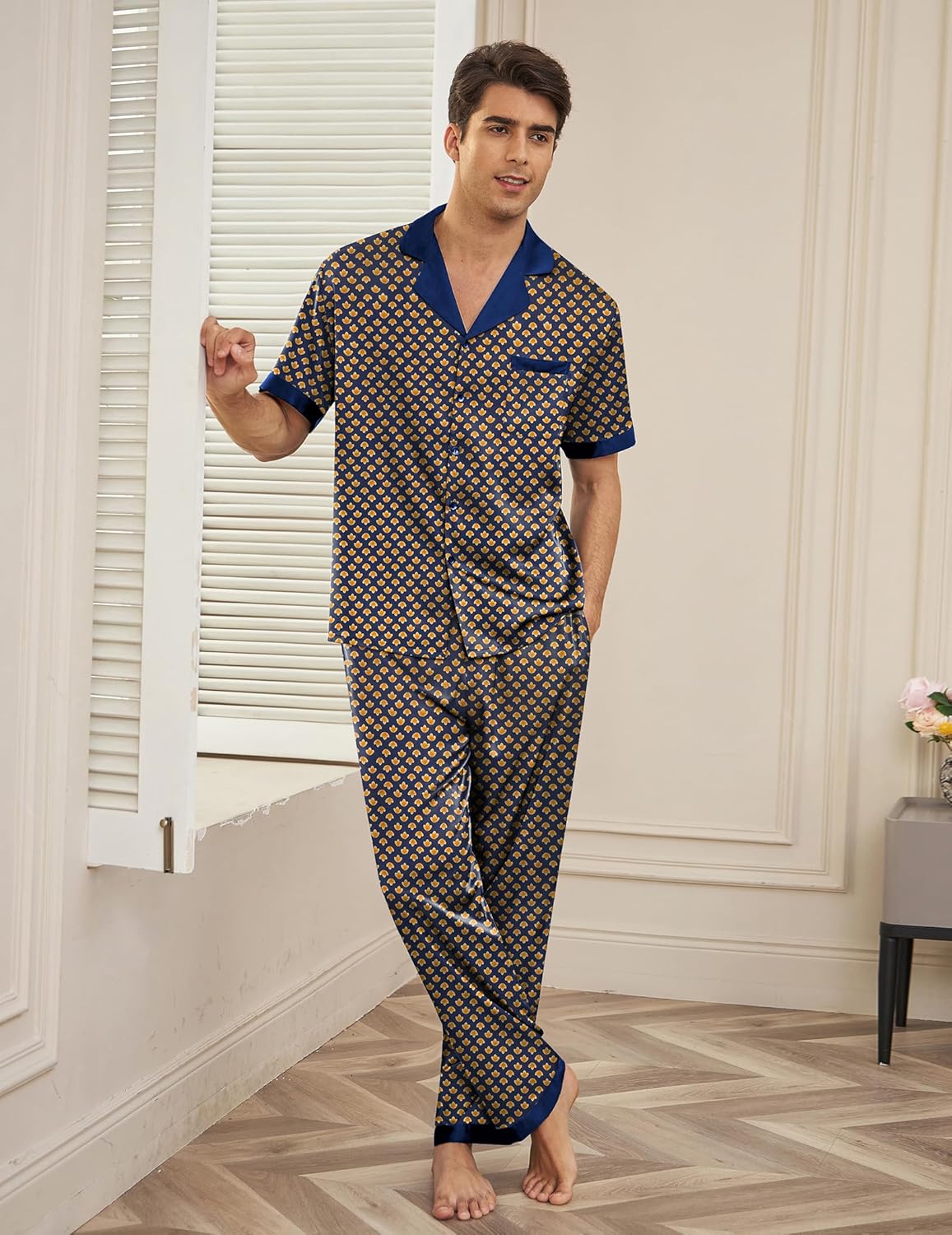 Men satin silk pajama set, navy patterned: short-sleeve button shirt and long pants