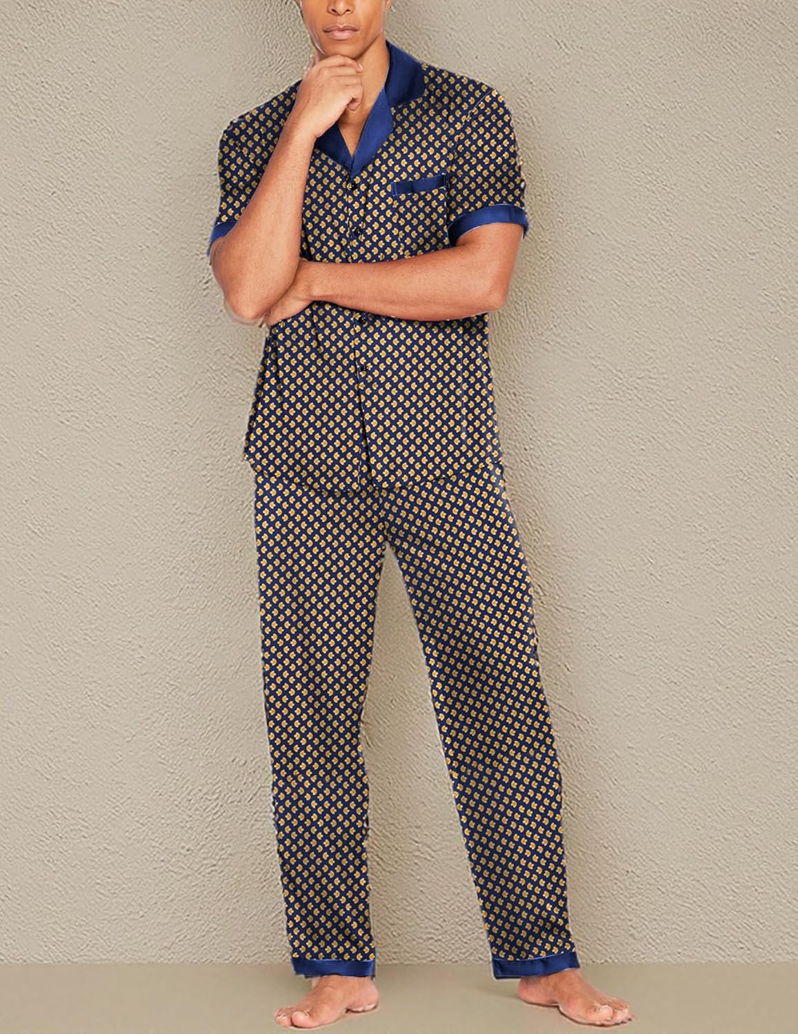 Men satin silk pajama set, navy patterned: close-up of button shirt and tapered pants