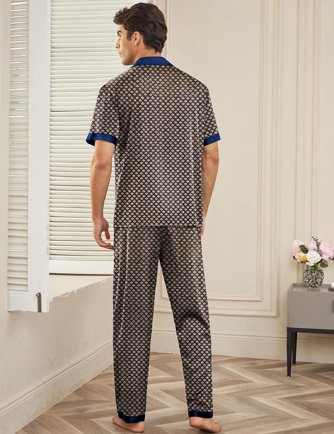 Men satin silk pajama set, navy patterned: back view of short-sleeve top and long pants