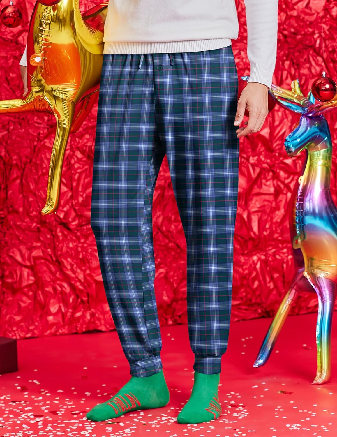 Schlafhose für Herren, blau kariert, Kordelzugbund, schmale Jogger-Passform, mit Taschen
