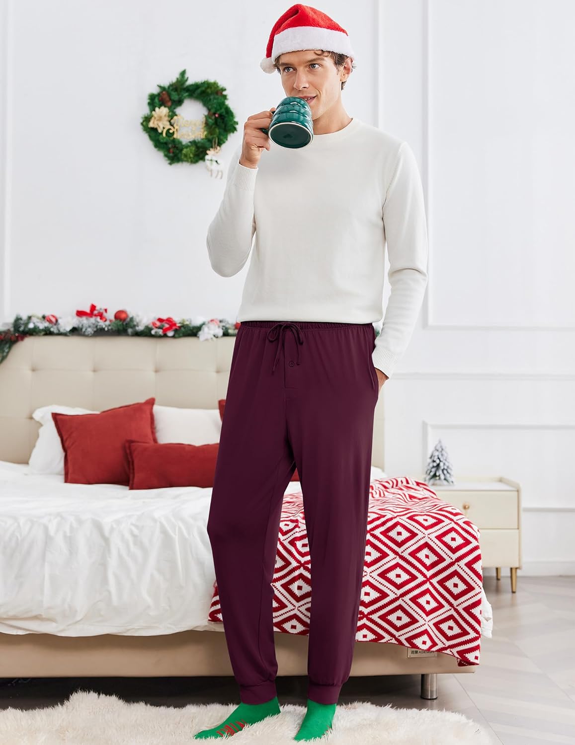 Men’s holiday pajama jogger pants in deep burgundy with elastic drawstring waist