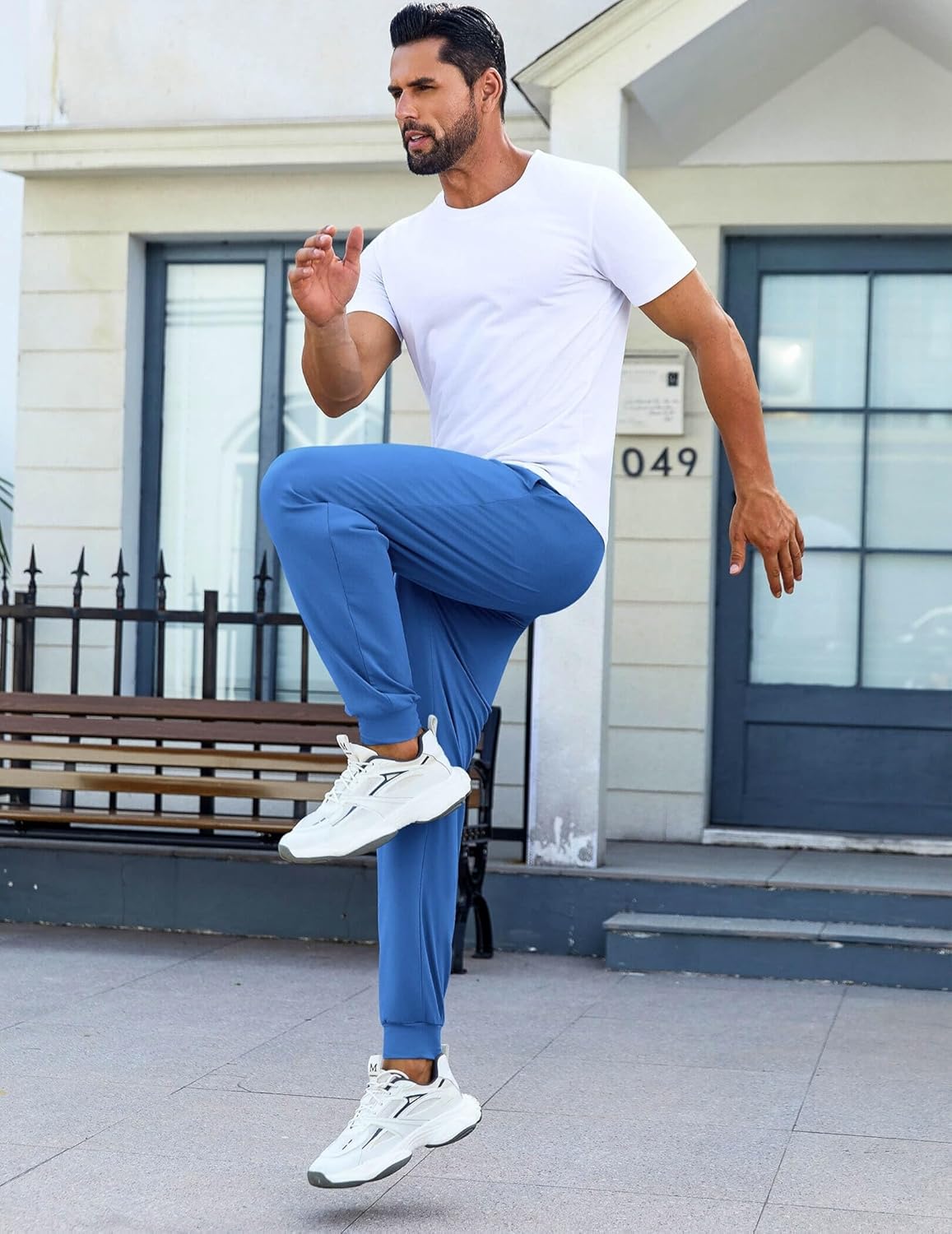 Men’s blue jogger pajama pants with elastic waistband and tapered cuffed ankles