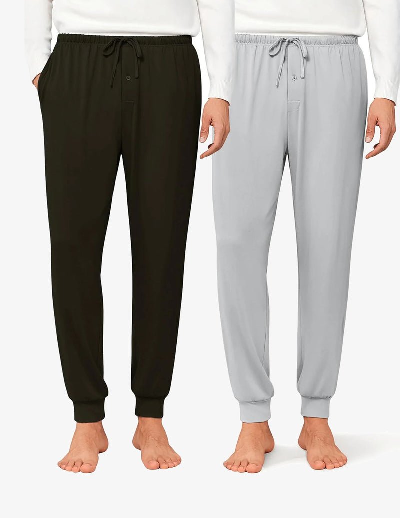 Two men’s jogger pajama pants, dark and light grey, elastic waistband with drawstring