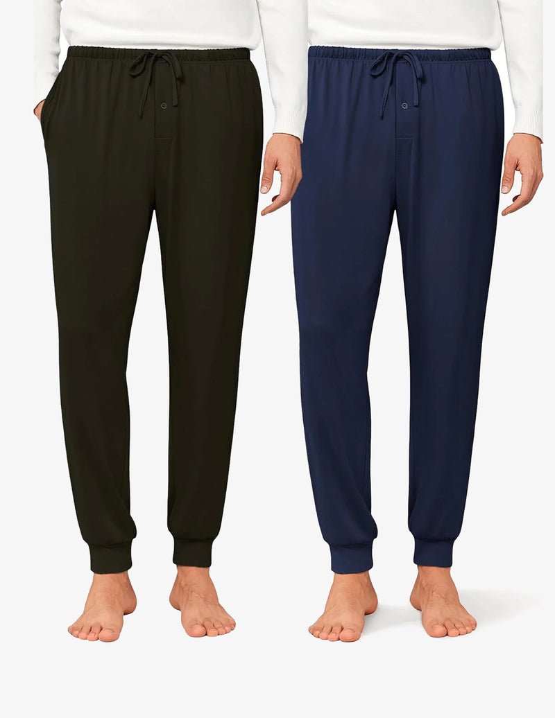 Men's pajama jogger pants: dark olive and navy, elastic drawstring waist