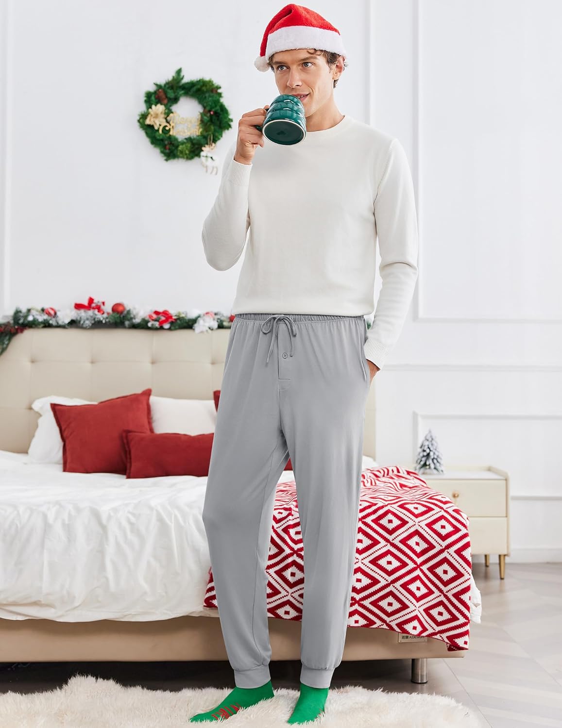 Men’s grey fleece-style pajama jogger pants with cuffed ankles