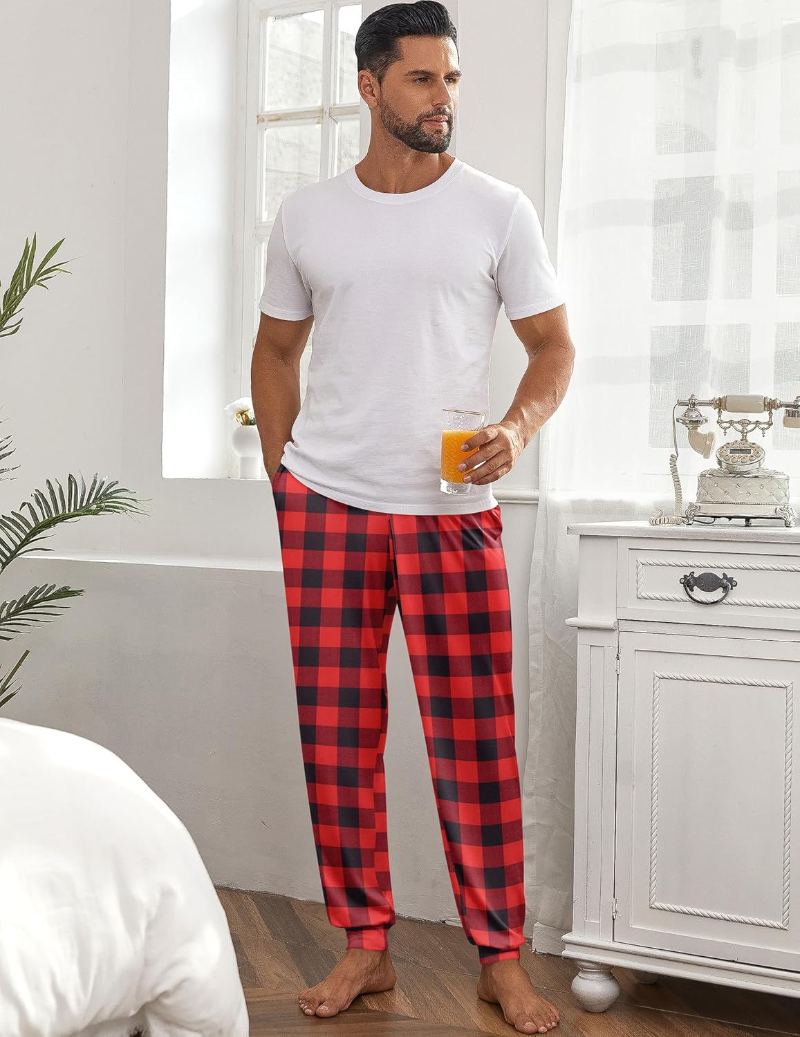 Men’s plaid pajama jogger pants, red and black check