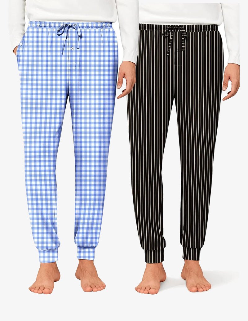 Men's pajama jogger pants: blue gingham check and black pinstripes, drawstring waist