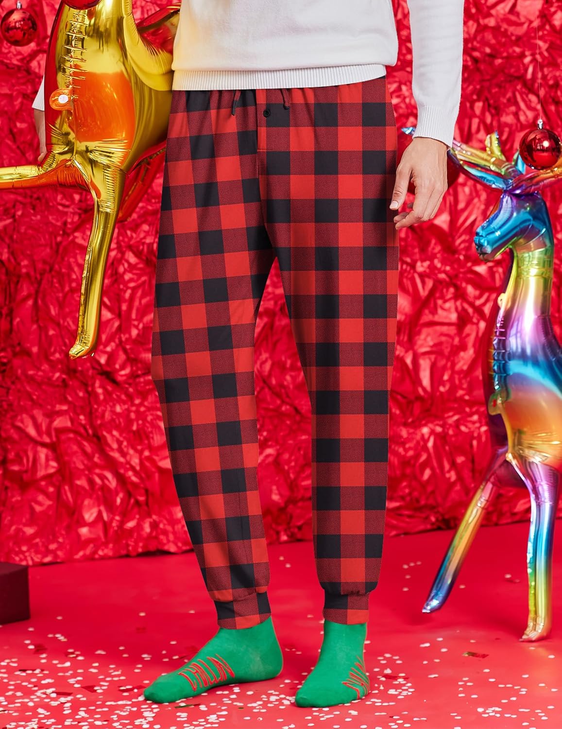 Men’s red and black buffalo plaid pajama pants, full length jogger