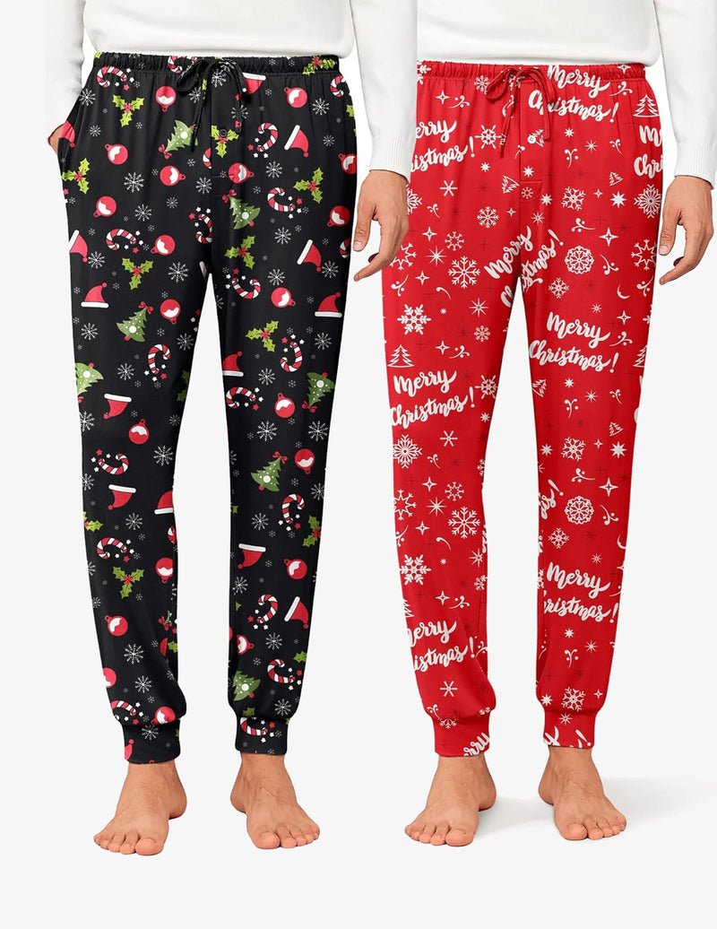 Men's pajama jogger pants: black holiday print and red “Merry Christmas” text