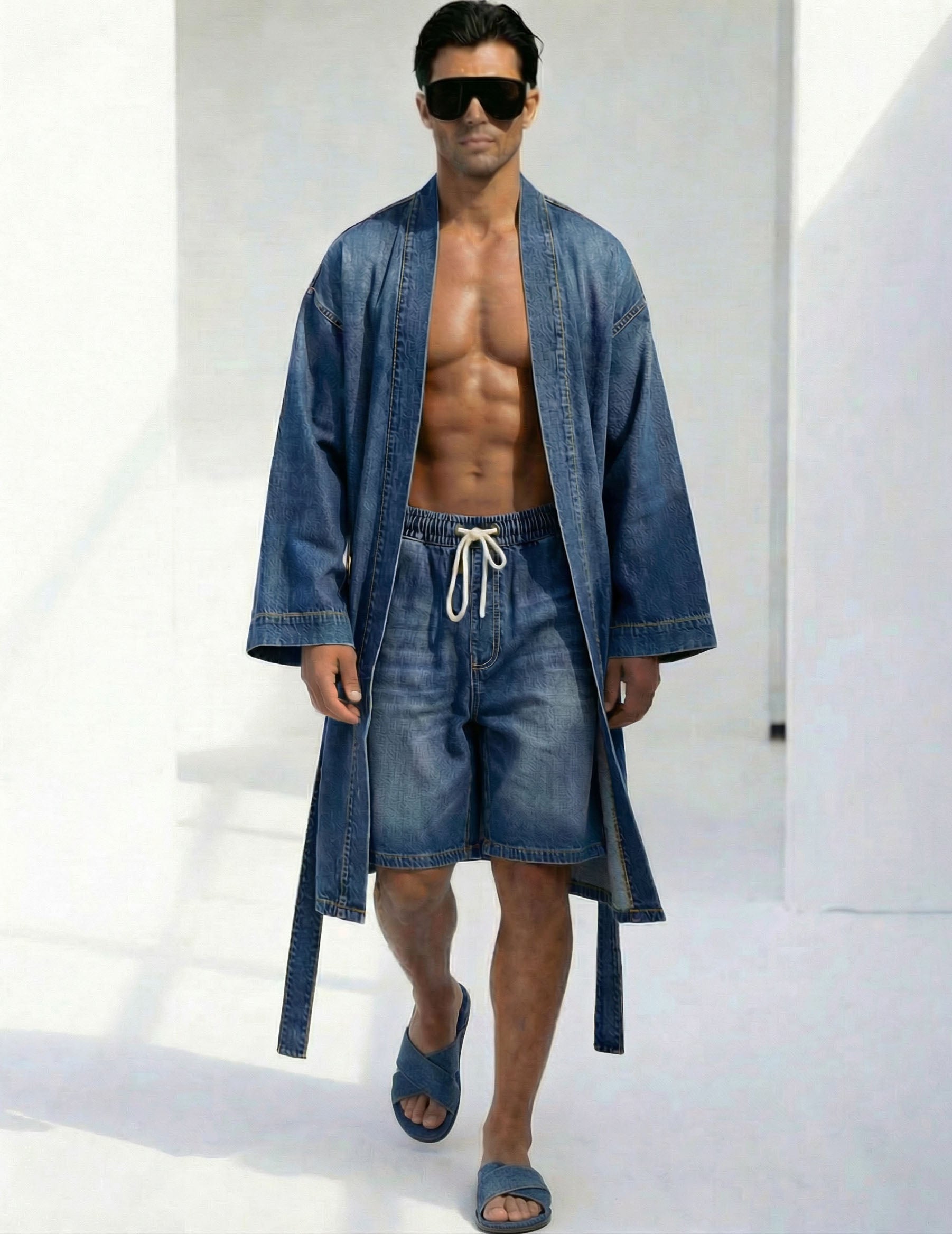 Men's blue denim kimono robe and drawstring shorts set, open front, long tie