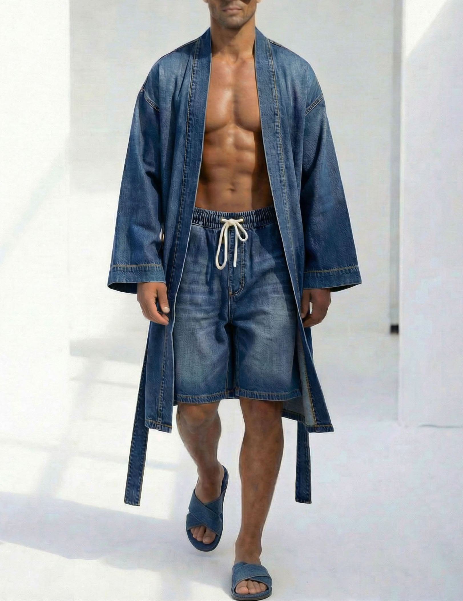 Men's blue denim kimono robe and drawstring shorts set, open front, long sleeves