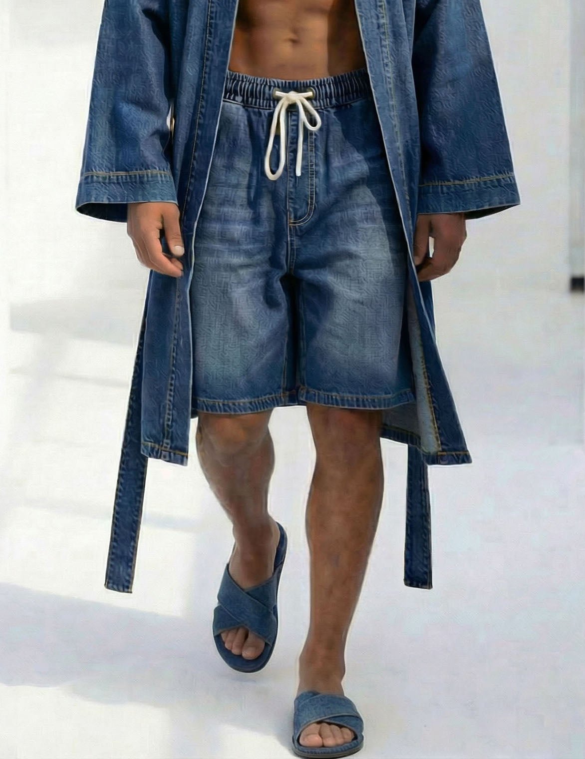 Men's blue denim kimono robe and drawstring shorts set, denim shorts with white cords
