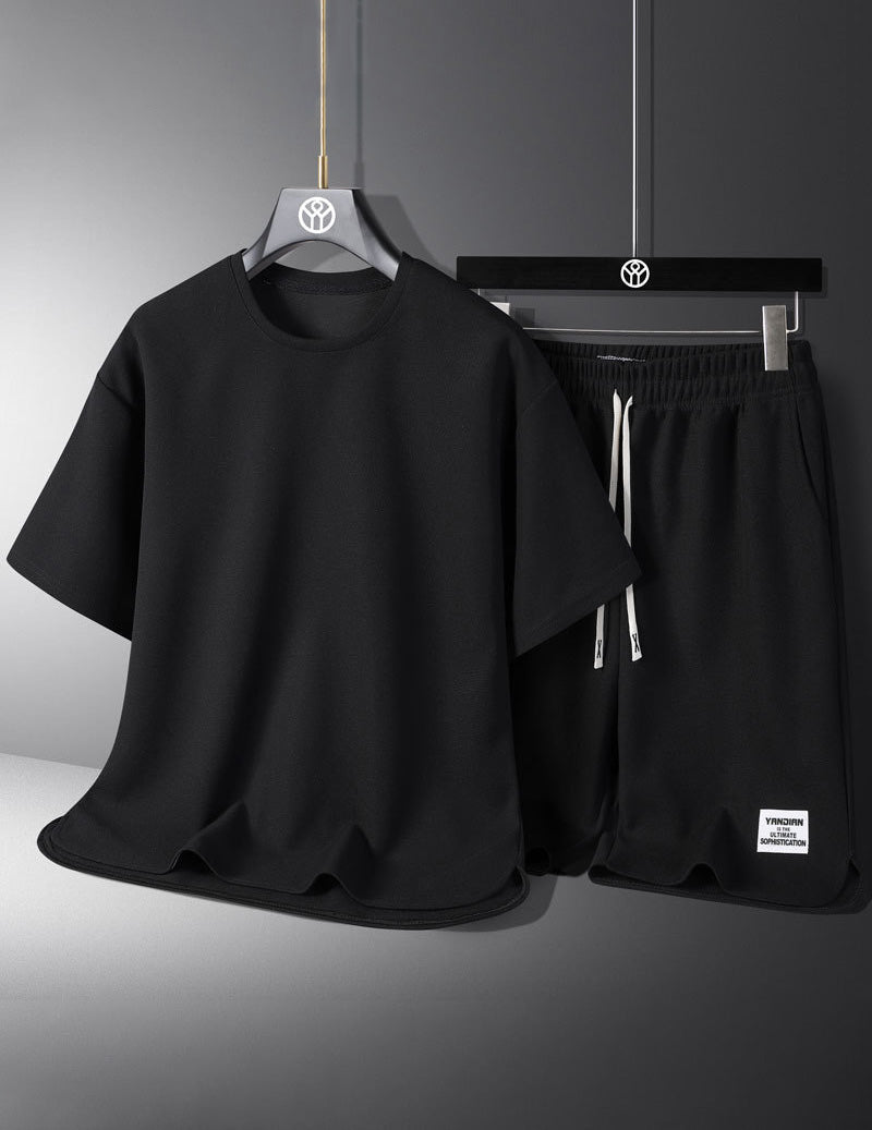 Men's casual tee and drawstring shorts set, black tee with elastic drawstring shorts.