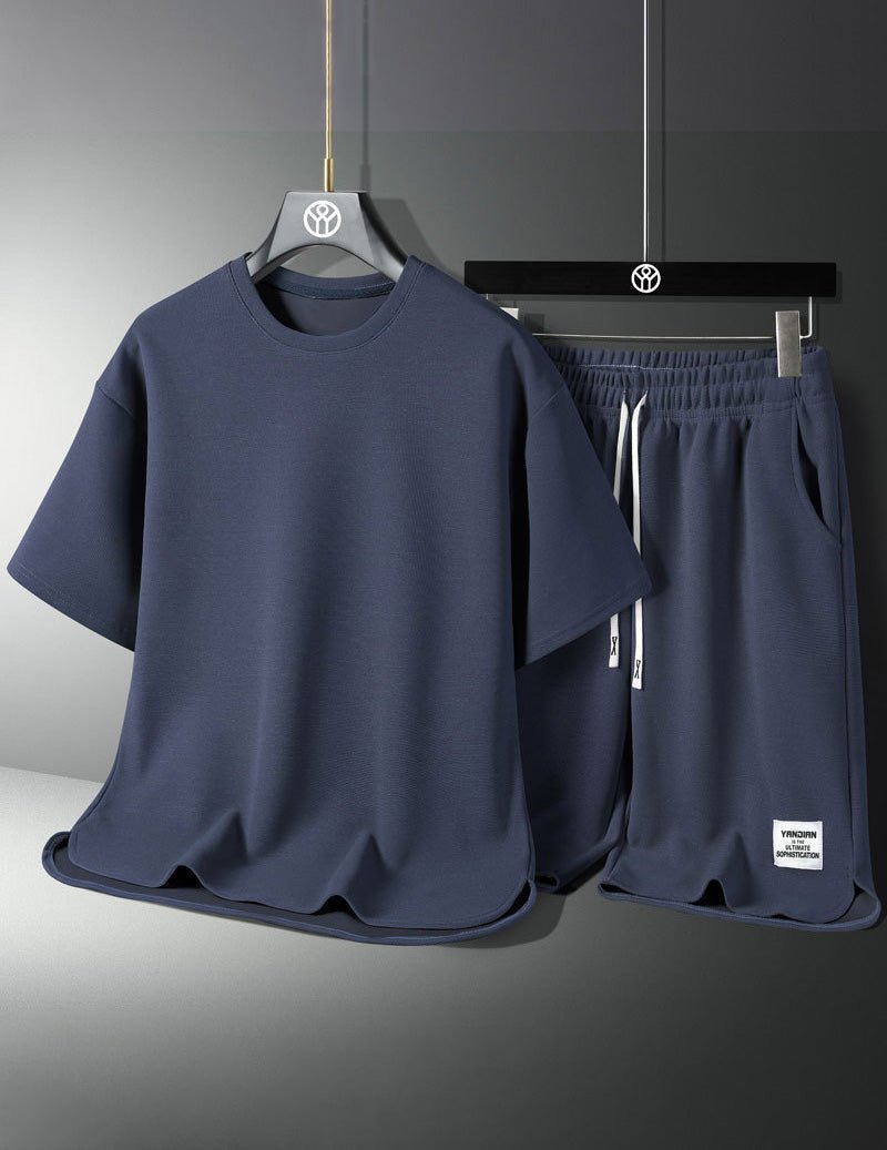 Men's casual tee and drawstring shorts set, blue tee with elastic drawstring shorts.