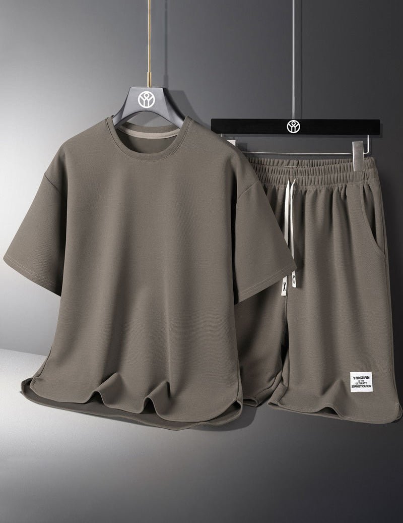 Men's casual tee and drawstring shorts set, taupe tee with matching shorts.
