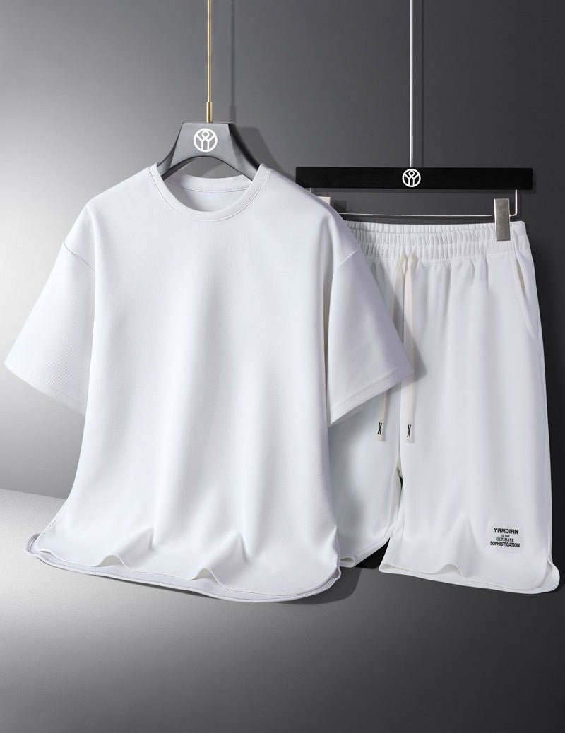 Men's casual tee and drawstring shorts set, white tee with elastic drawstring shorts.