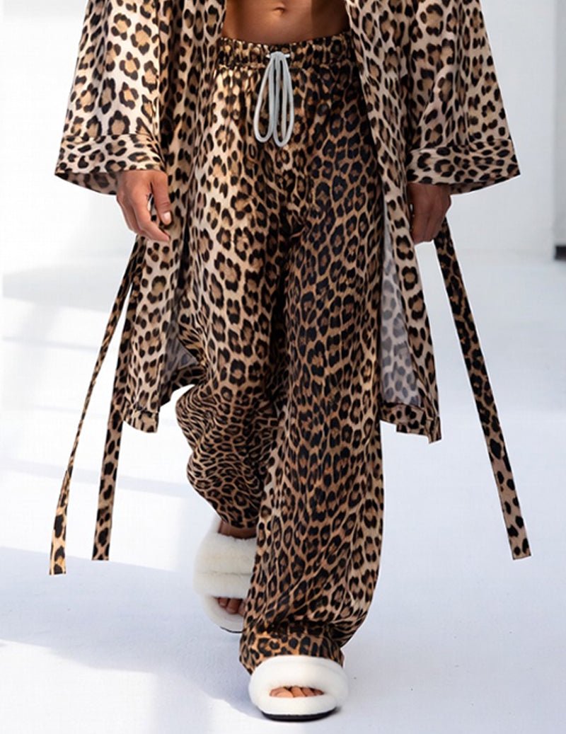 Leopard print wide-leg lounge pants with drawstring waist and matching kimono robe