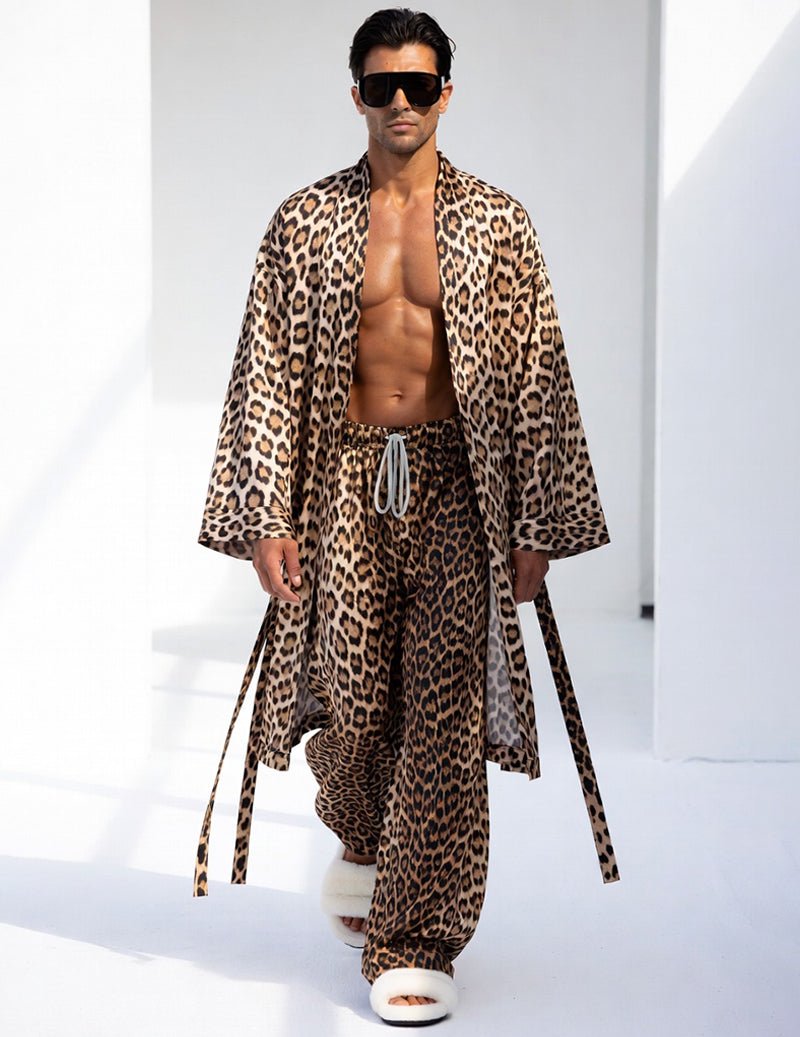 Leopard print kimono robe and wide-leg lounge pants set, open front and drawstring waist