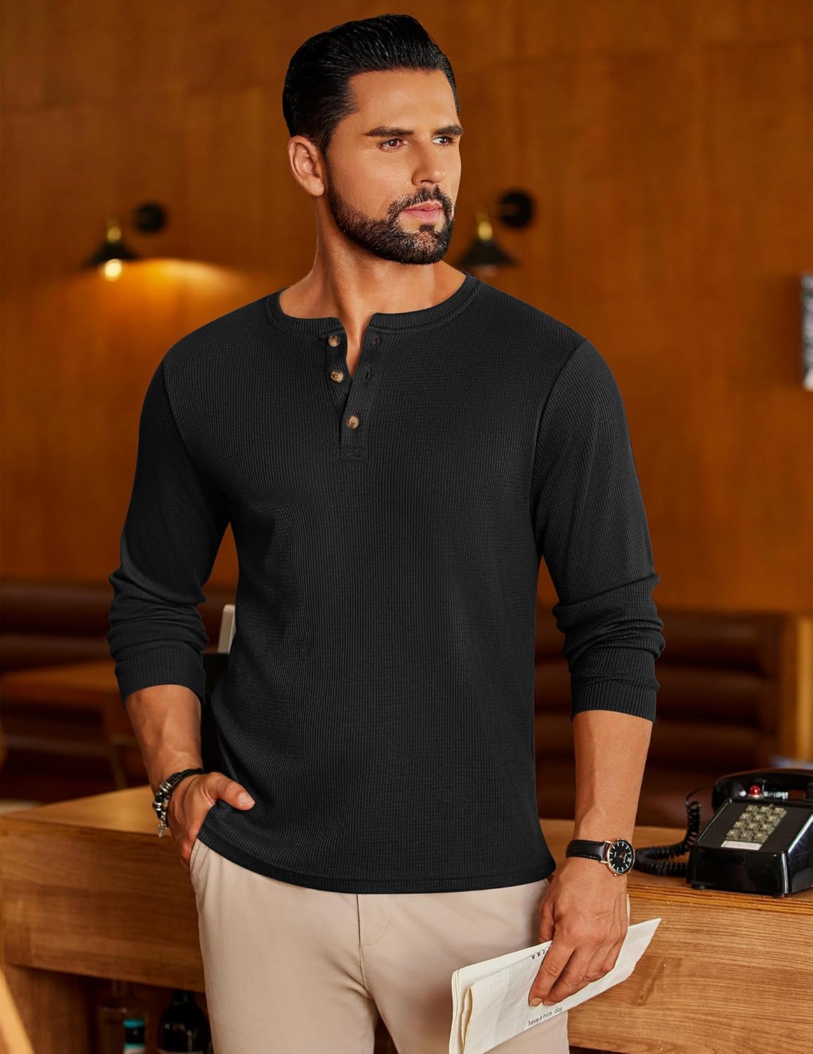 Men's waffle Henley long-sleeve shirt in black, button placket and henley neckline