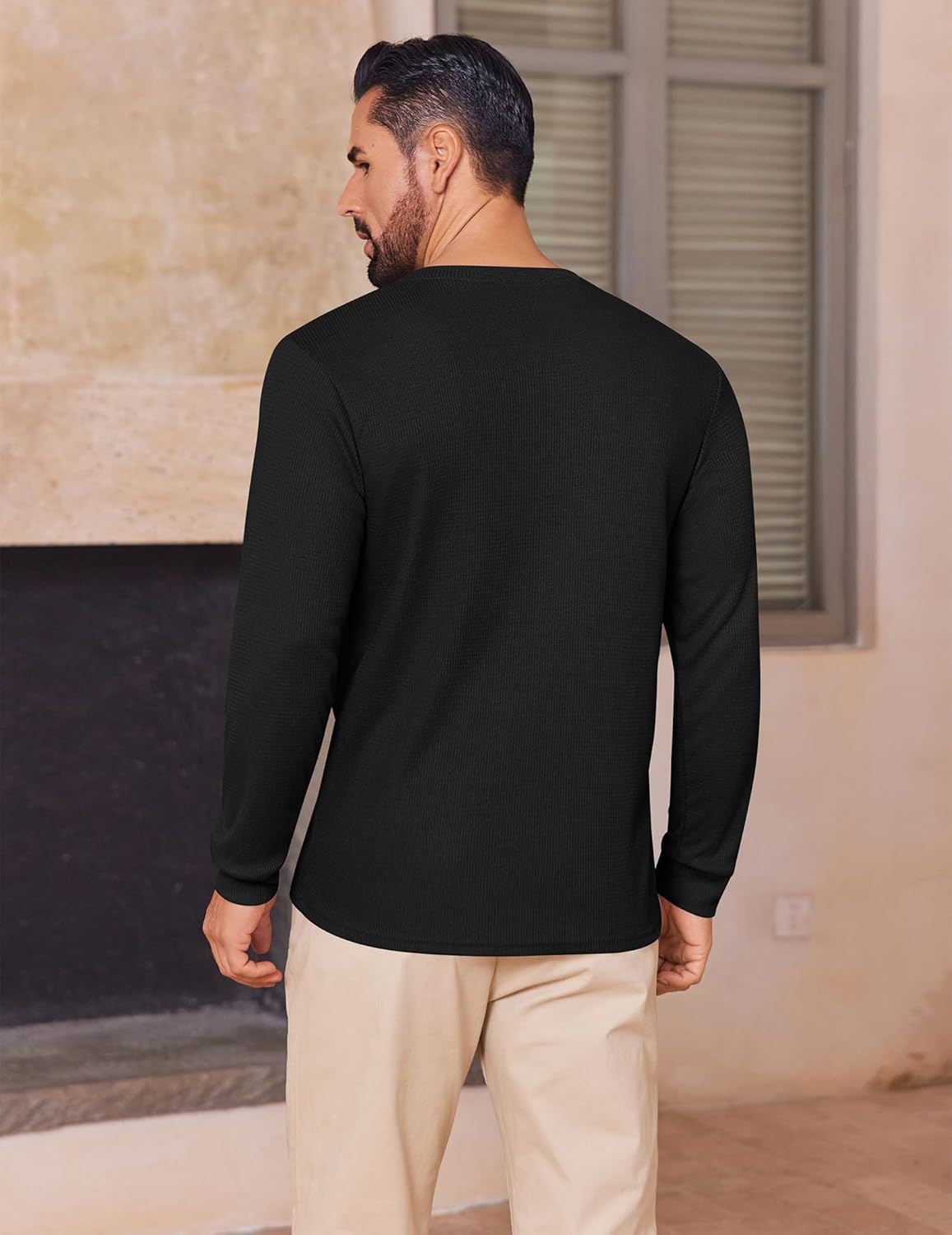 Men's waffle Henley long-sleeve shirt in black, back view