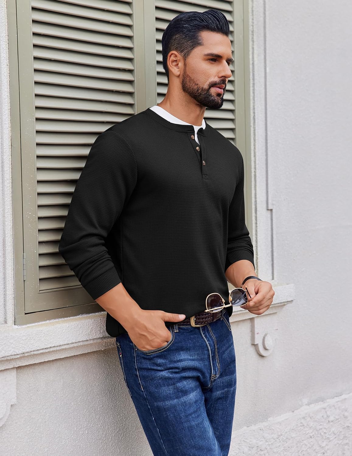 Black waffle henley long-sleeve shirt with button placket and ribbed collar