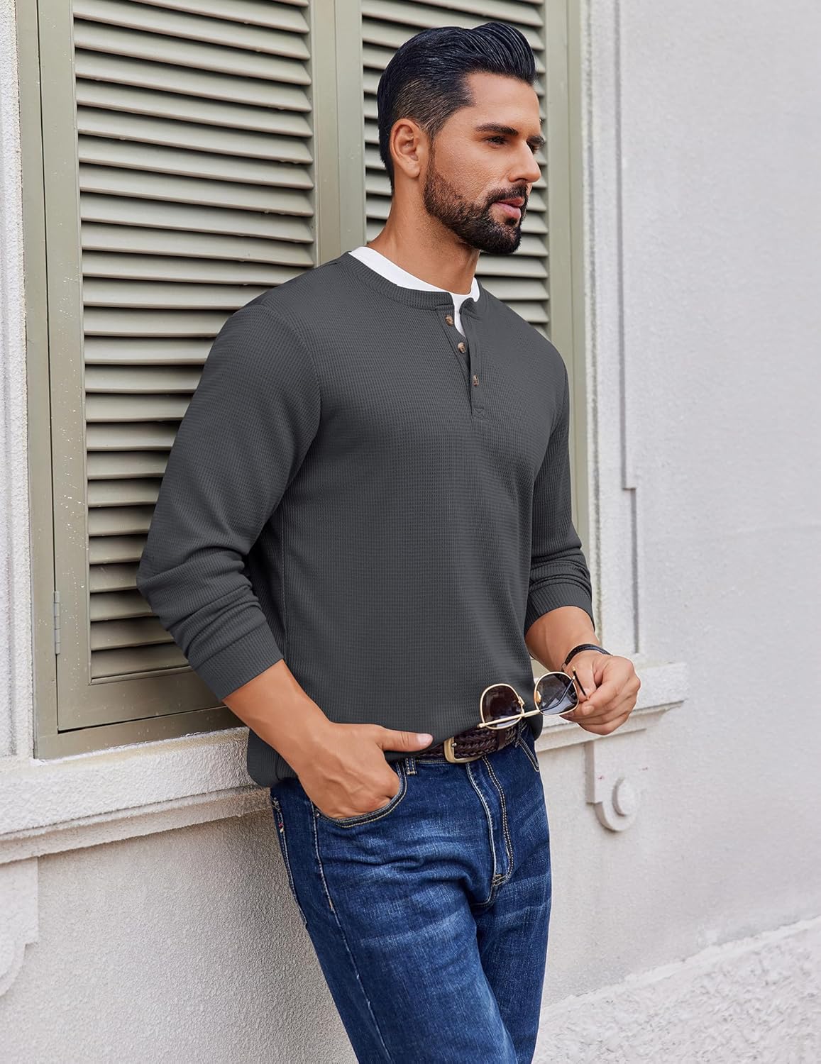 Dark gray waffle henley long-sleeve shirt with button placket and ribbed cuffs