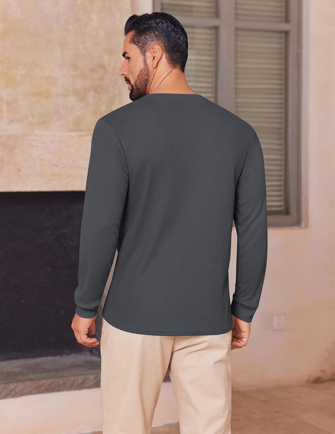 Dark gray waffle henley long-sleeve shirt, back view, ribbed collar and cuffs