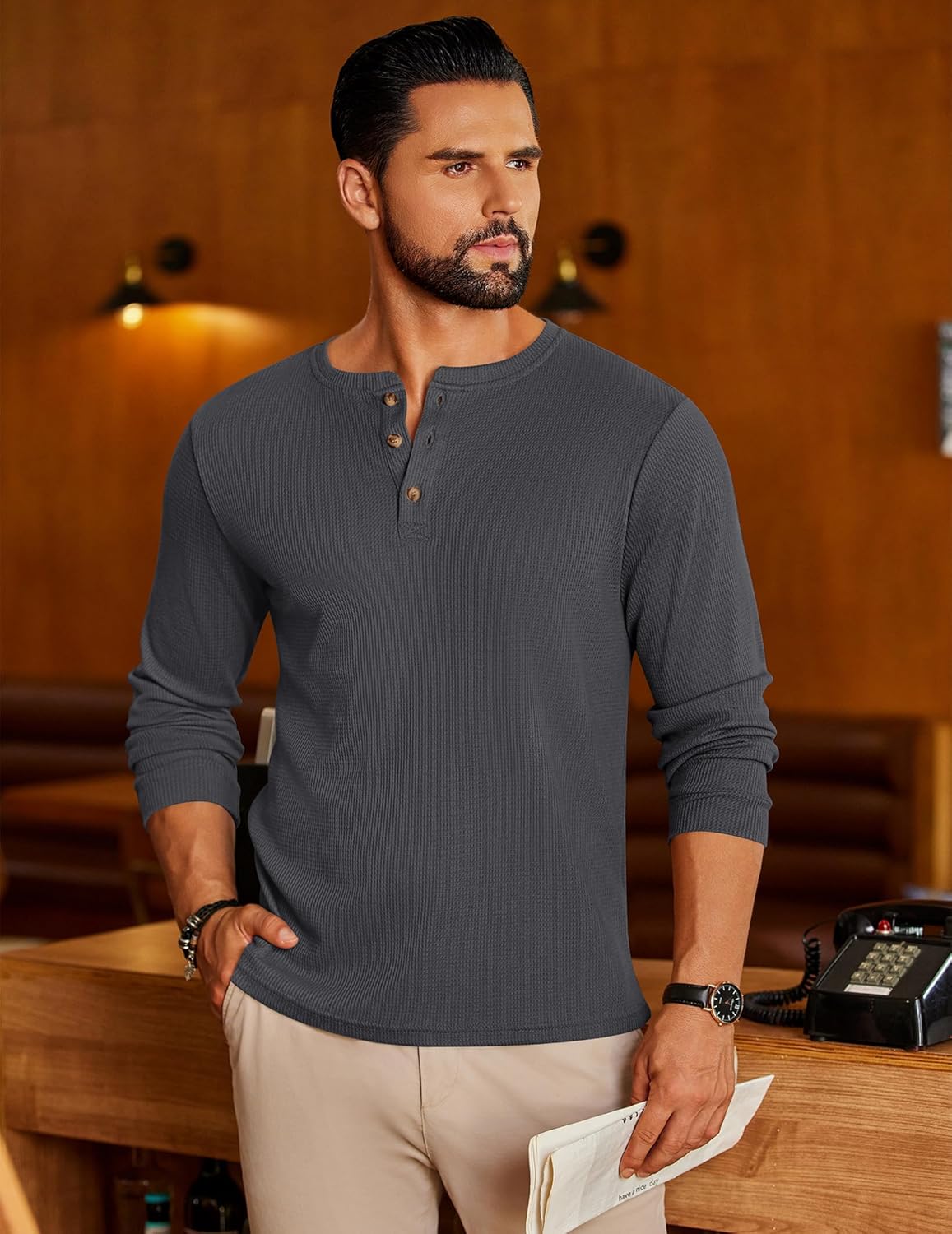 Dark gray waffle henley long-sleeve shirt with 3-button placket and ribbed trim
