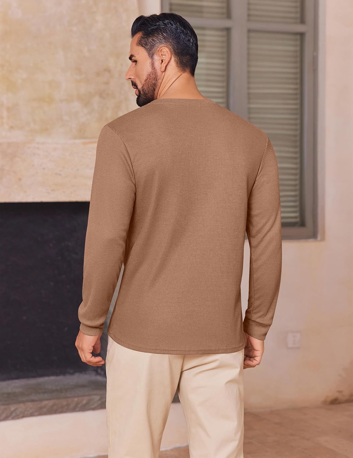 Men's Henley long-sleeve waffle shirt, back view, tan-brown
