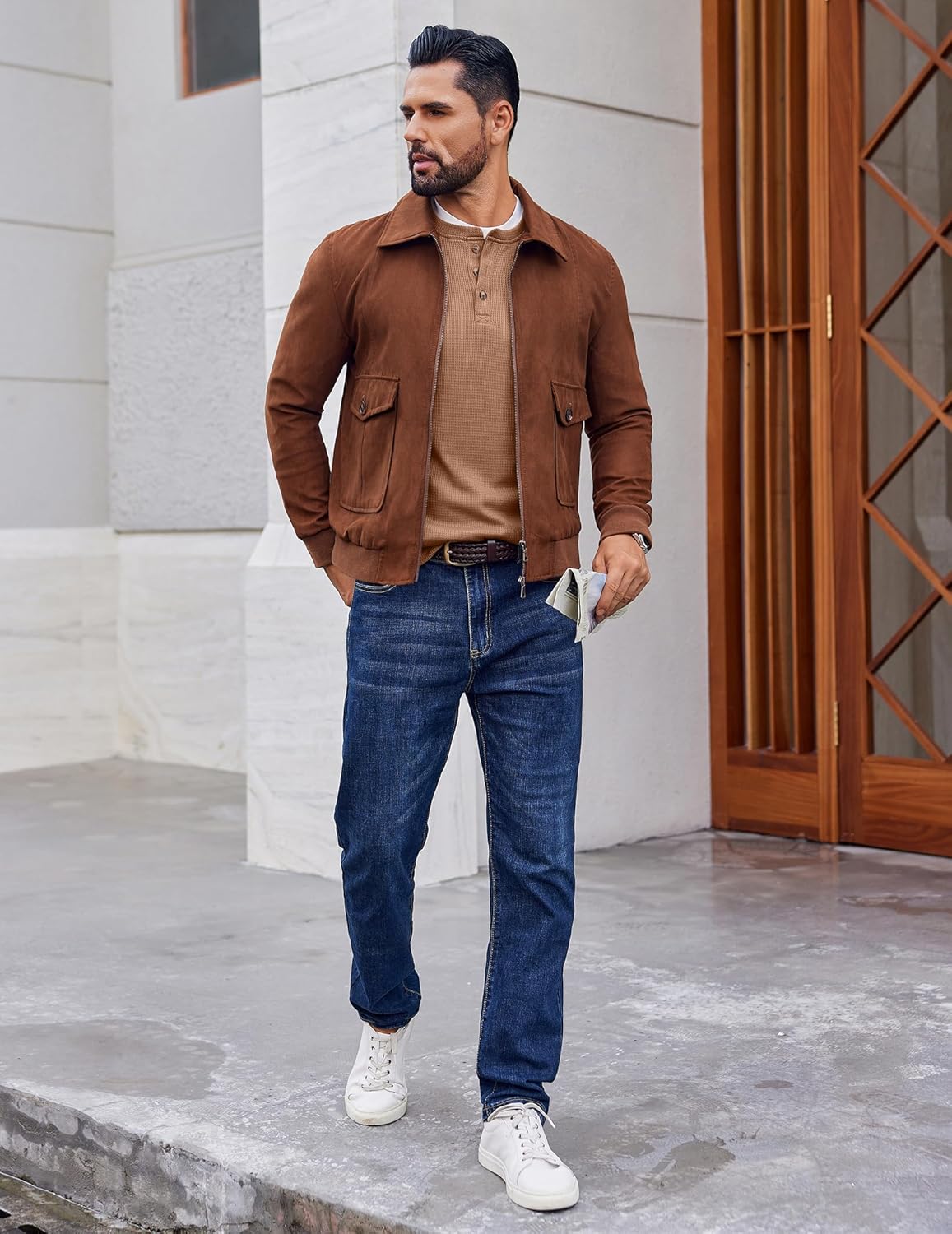 Men's Henley long-sleeve waffle shirt, tan-brown henley with button placket