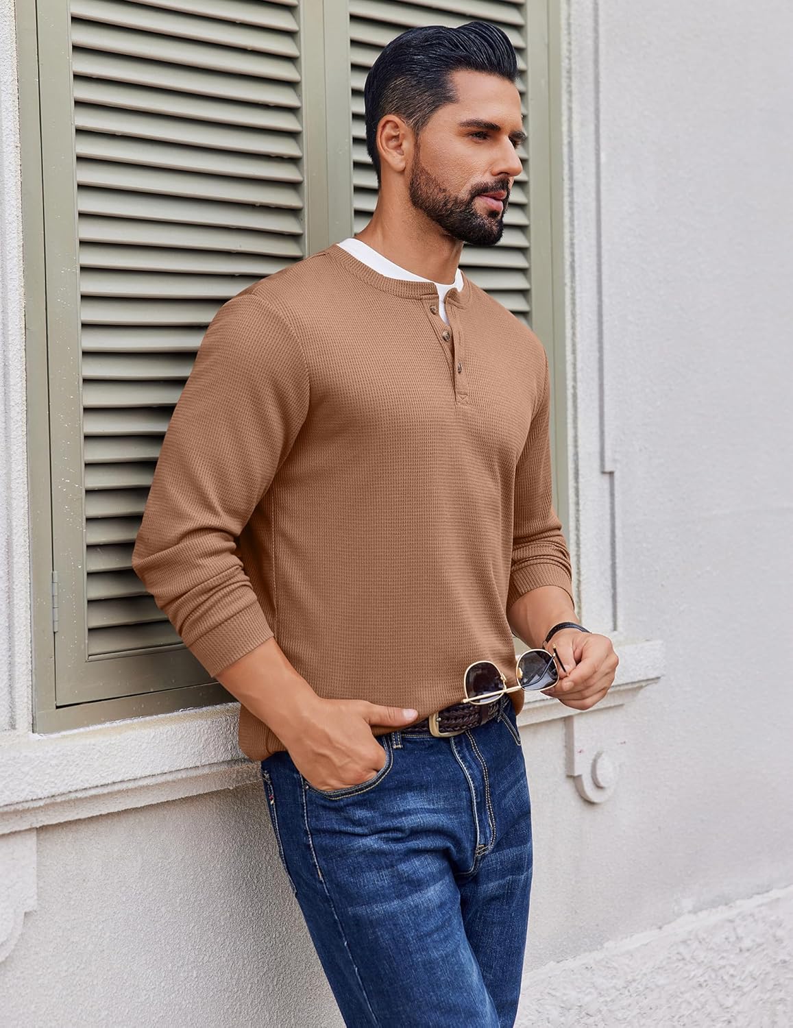 Men's Henley long-sleeve waffle shirt, side view, tan-brown