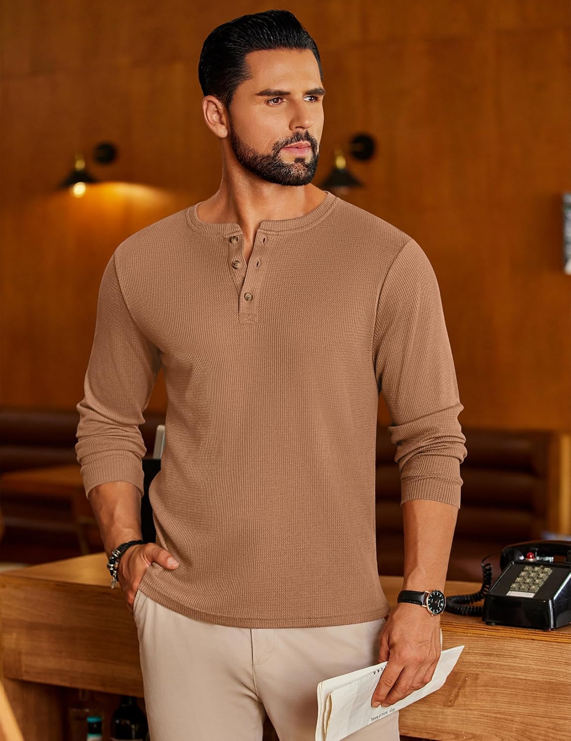 Men's Henley long-sleeve waffle shirt, 3-button placket, tan-brown